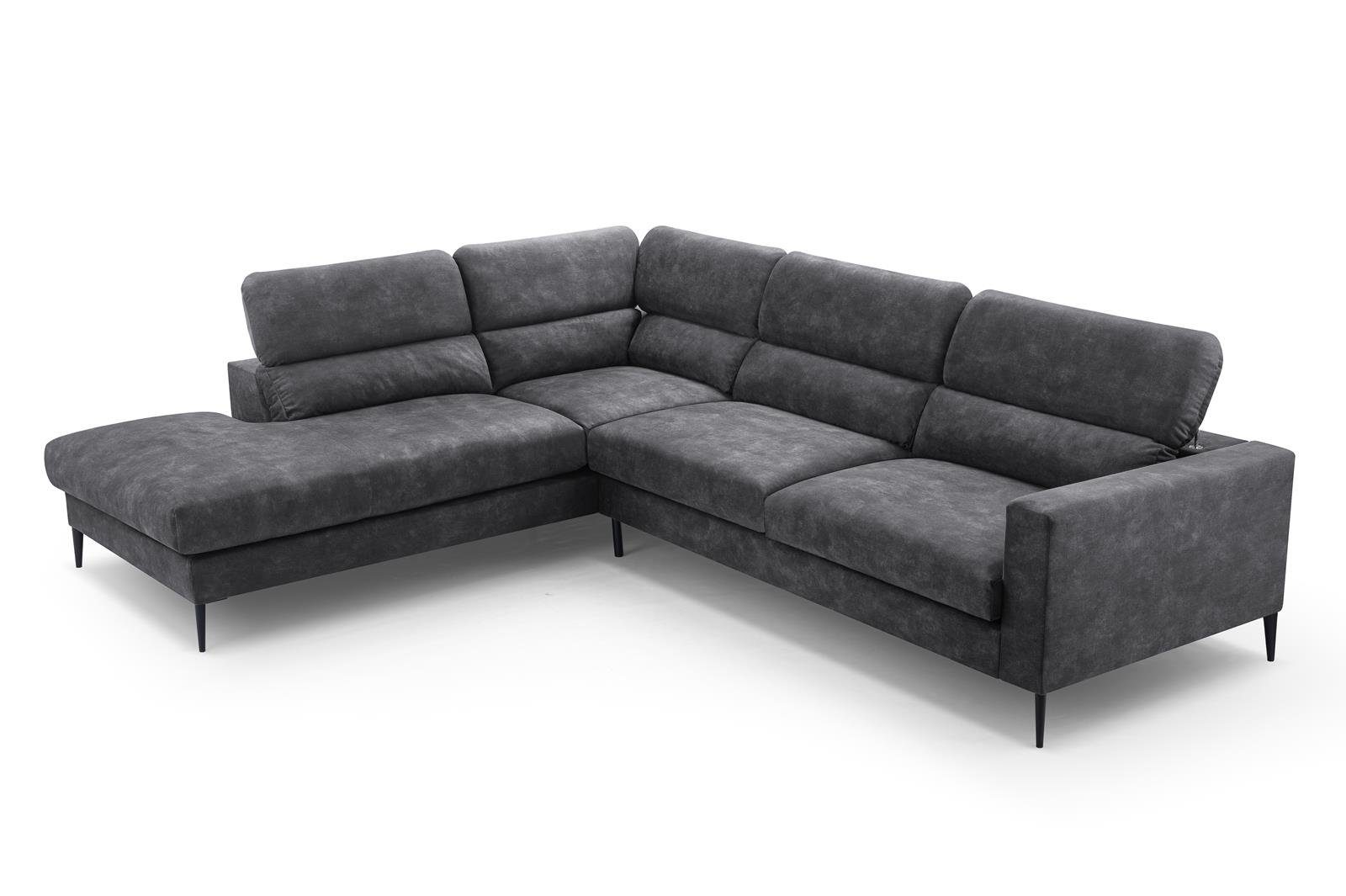 Beautysofa Polsterecke mane (palladium Wohnzimmer, FIGO, mit Grau aus mit für Ecke Kopfstützen 16) links rechts, oder L-Form verstellbare Veloursstoff, Polsterecke