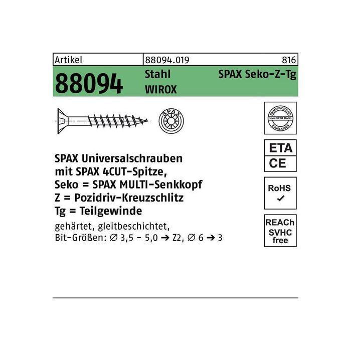SPAX Senkschraube Schraube R 88094 Senkkopf m.Spitze/Kreuzschl.-PZ 4 5 x 50/32-Z TG Stahl galvanisch verzinkt WIROX