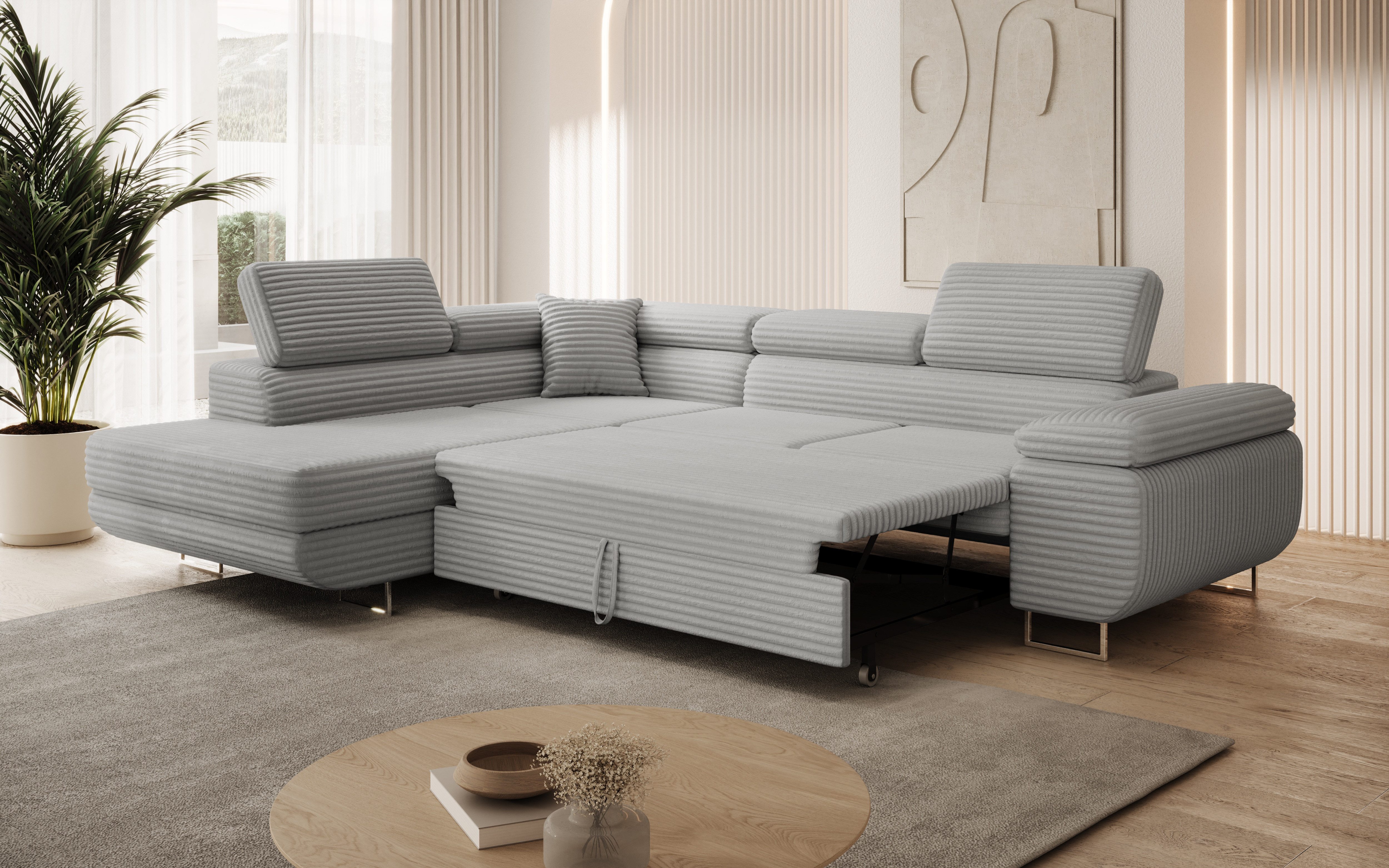 thematys Ecksofa ASTON mit Schlaffunktion & Bettkasten – Cordstoff TILIA, - mit 3 verstellbaren Kopfstützen, – L-Form 273×203 cm – Schlafsofa mit Auszug