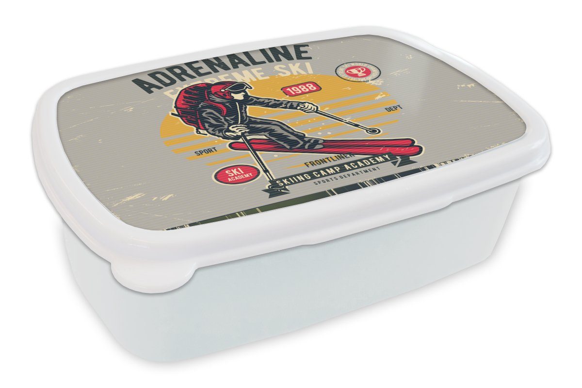 MuchoWow Lunchbox Ski - Grau - Vintage, Kunststoff, (2-tlg), Brotbox für Kinder und Erwachsene, Brotdose, für Jungs und Mädchen weiß