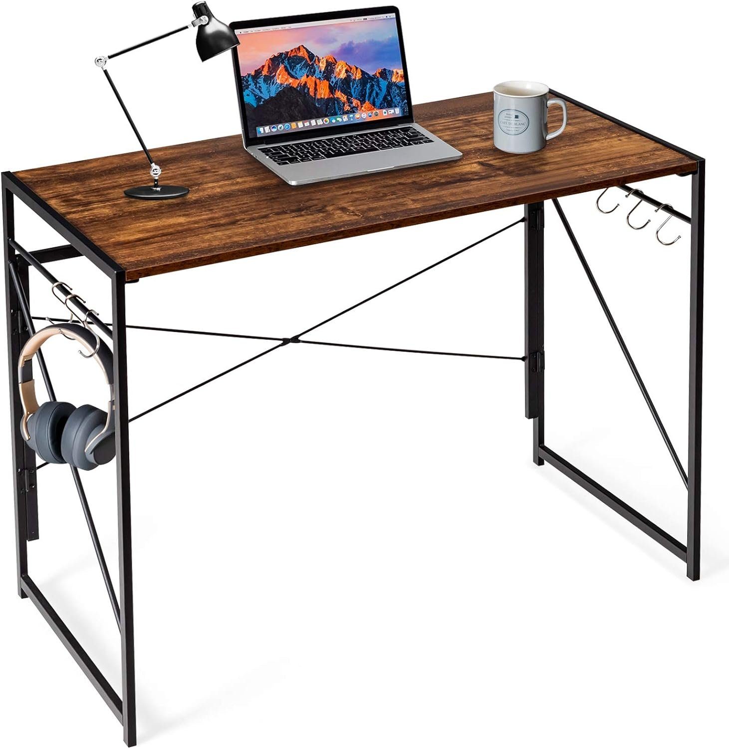 KOMFOTTEU Schreibtisch Computertisch, Bürotisch Arbeitstisch klappbar, 100x50x75cm Rustikales Braun