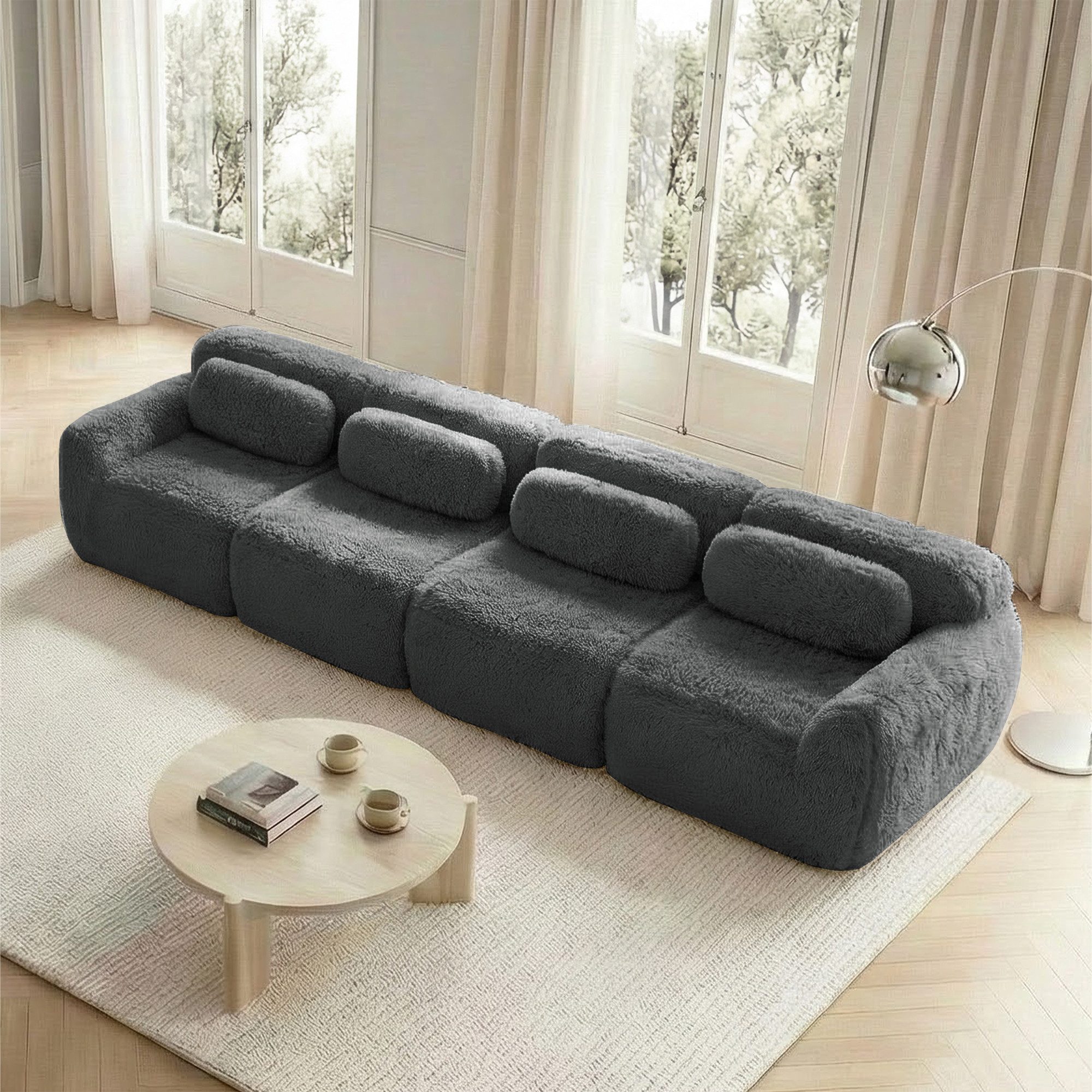 HAUSS SPOLE Loungesofa mit Plüschstoff,4-Sitzer Sofa Polstermöbel mit rutschfester Boden,Grau