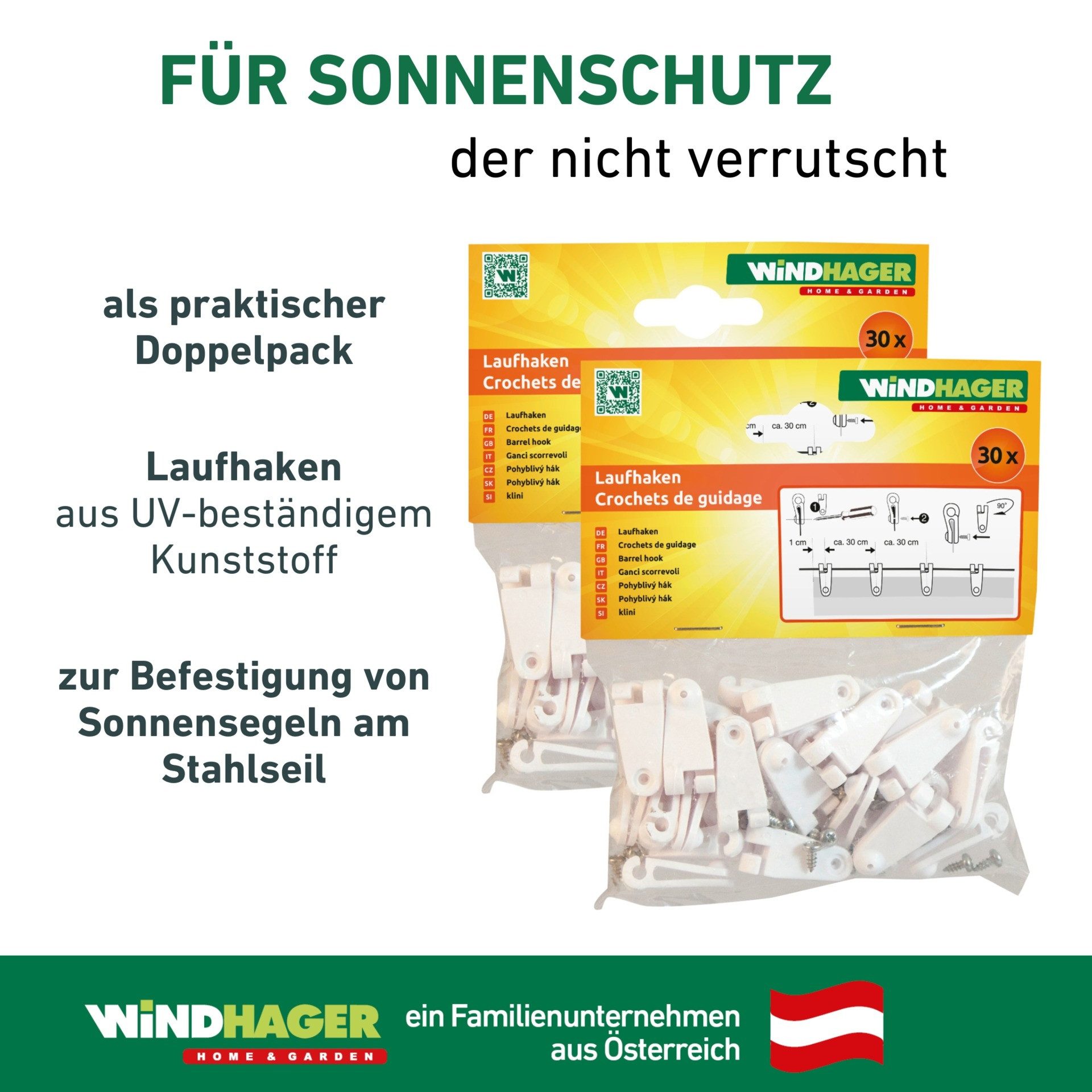 Windhager Sonnensegel Laufhaken mit Edelstahlschrauben, 30 Stk., Befestigungsset für 2-2,5 mm Edelstahlseile, einfache Montage