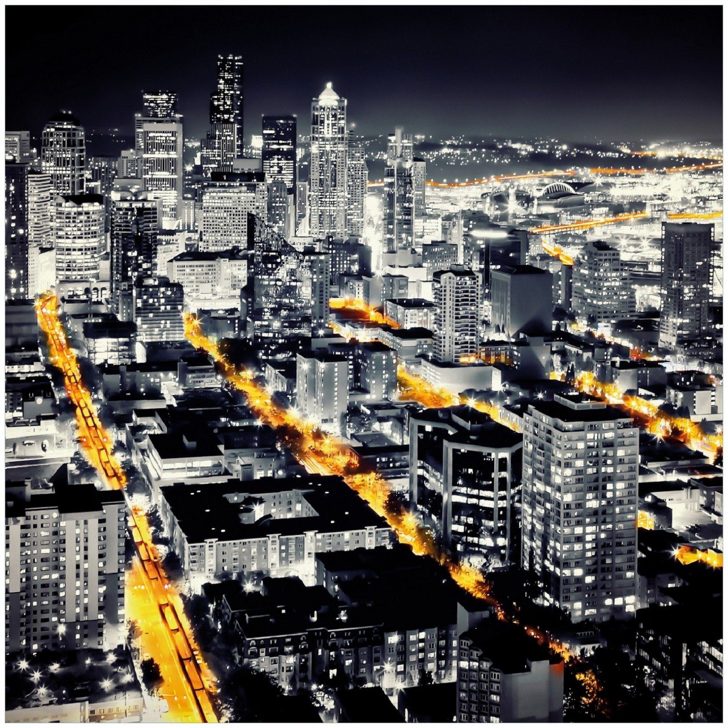 Wallario Memoboard Großstadt bei Nacht - Seattle in schwarz weiß gelb
