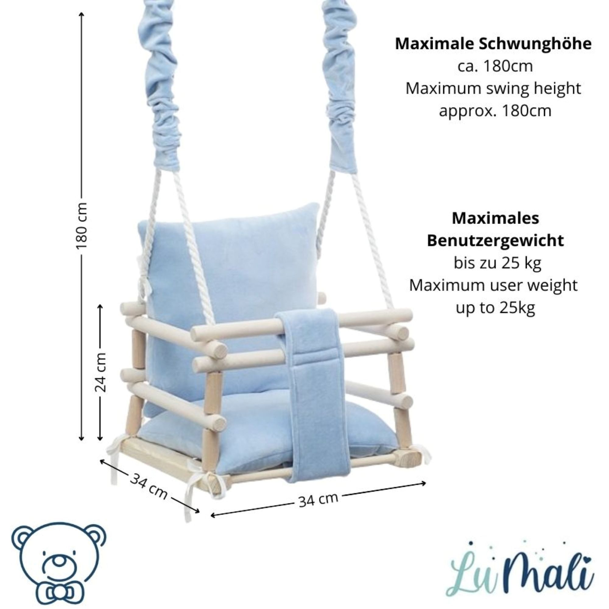LuMali Babyschaukel Babyschaukel 3in1 Holz Sicherheitsgurt drinnen draußen 34x34x28cm, Kinderschaukel Naturholz Kiefer weich verstellbar 6-36 Monate