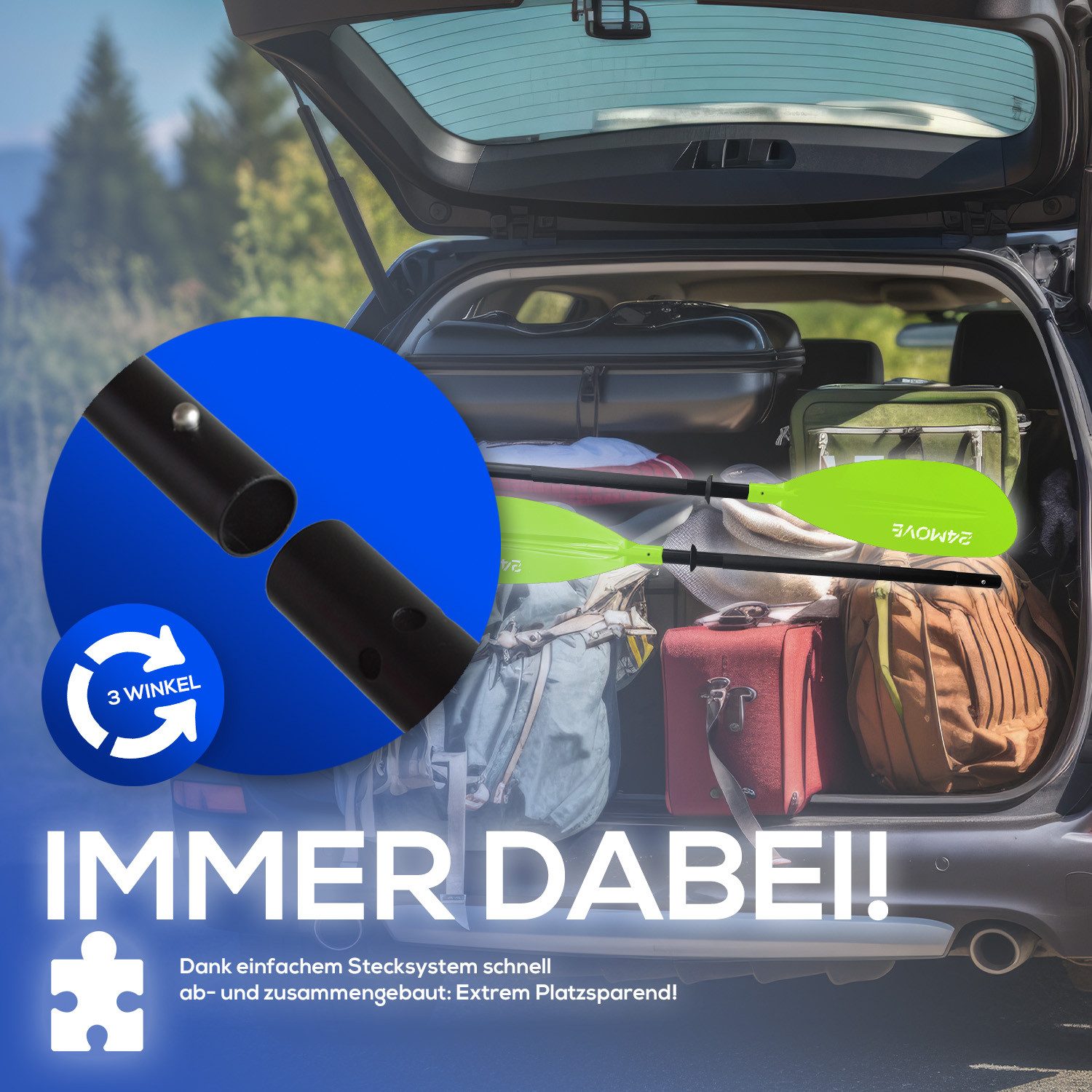 24Move Doppelpaddel, Stand Up Paddle Aluminium SUP-Paddel, (Winkelverstellung, universell einstellbar, verstellbar, 2-teilig, SUP-Paddel), für Paddelboards, Kajakboot und Ruderboot