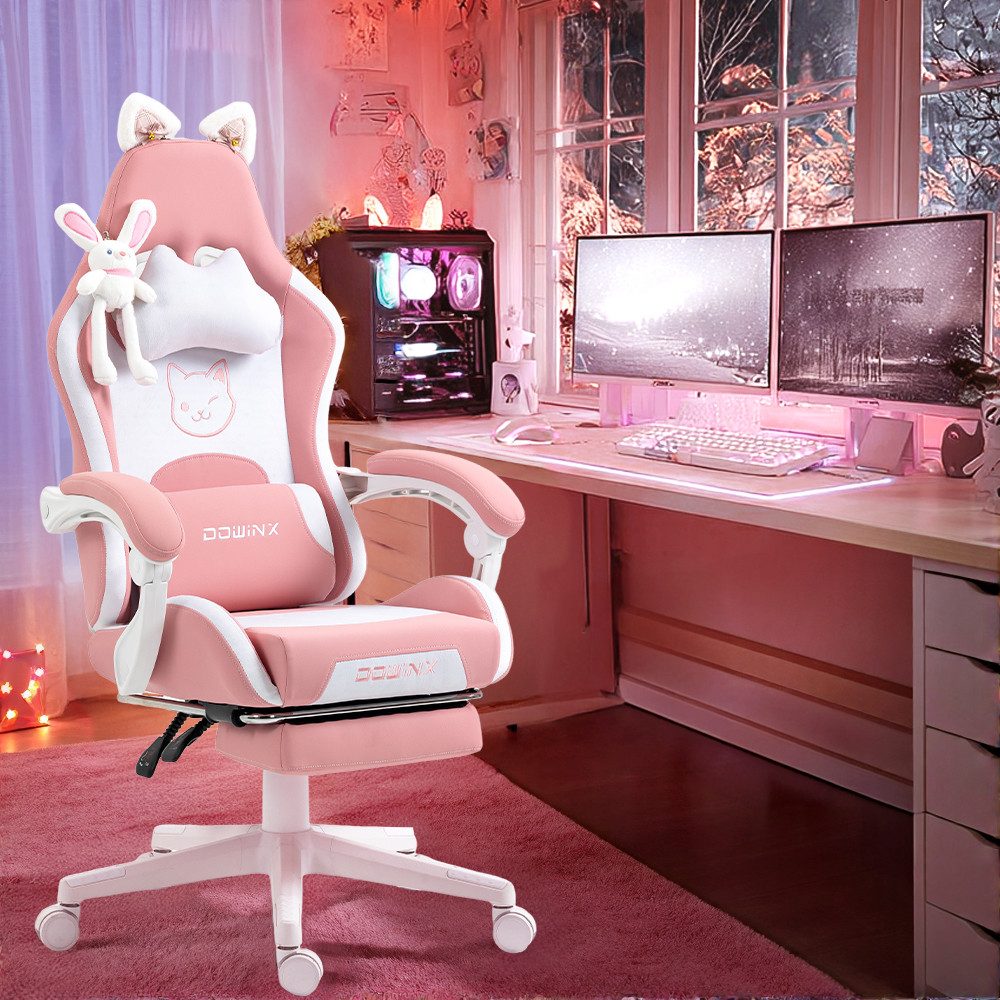 Dowinx Gaming-Stuhl Süße Katze Edition mit Katzenohren und Plüschtier (Packung), Ergonomischer Stuhl mit Hoher Rückenlehne und Lendenwirbelstütze
