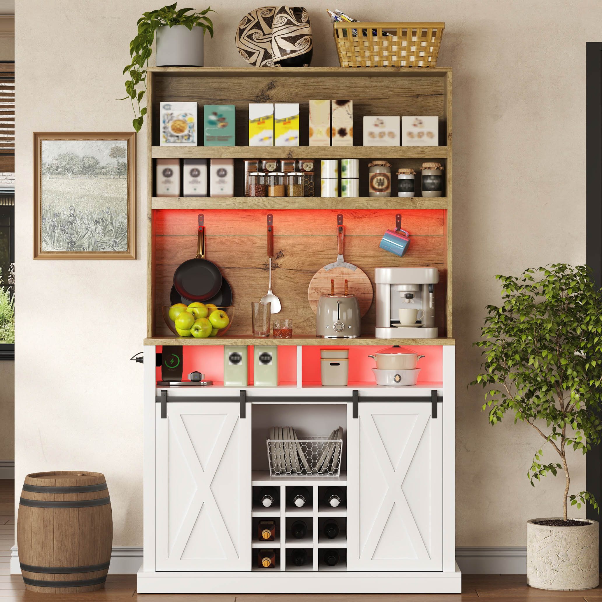 ANYSUN Küchenbuffet Küchenschrank mit Arbeitsplatte,Stauraum,Weinregal,RGB-LED & Steckdose (1-St., Küchenhochschrank mit App-Steuerung für Küche & Esszimmer,191 cm) Buffetschrank mit offenem Oberregal, 2 USB, 4 Haken & Schiebetüren