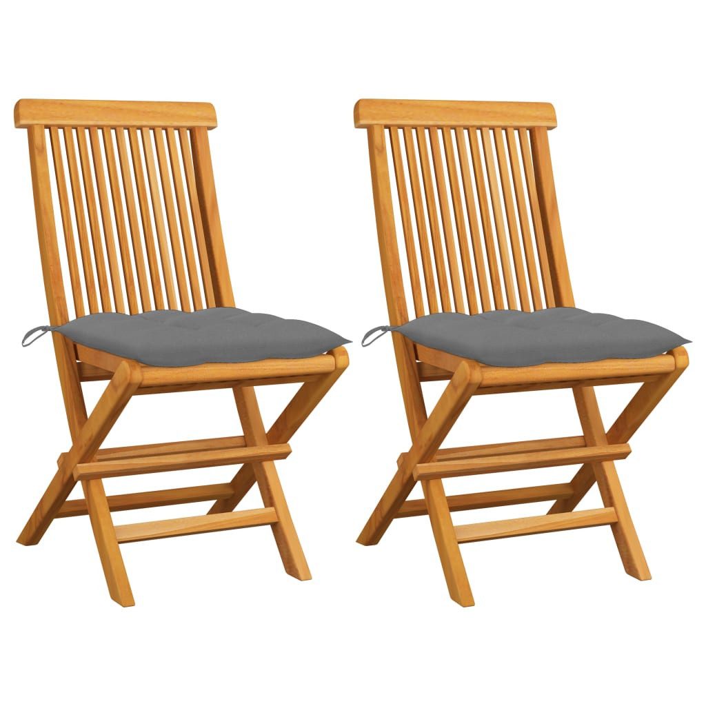 furnicato Gartenstuhl Klappbare Garten-Essstühle aus Naturholz mit grauen Polstern, 47x60x8 (2 St), Witterungsbeständige Sitzgruppe mit weichen Polstern und Lackfinish
