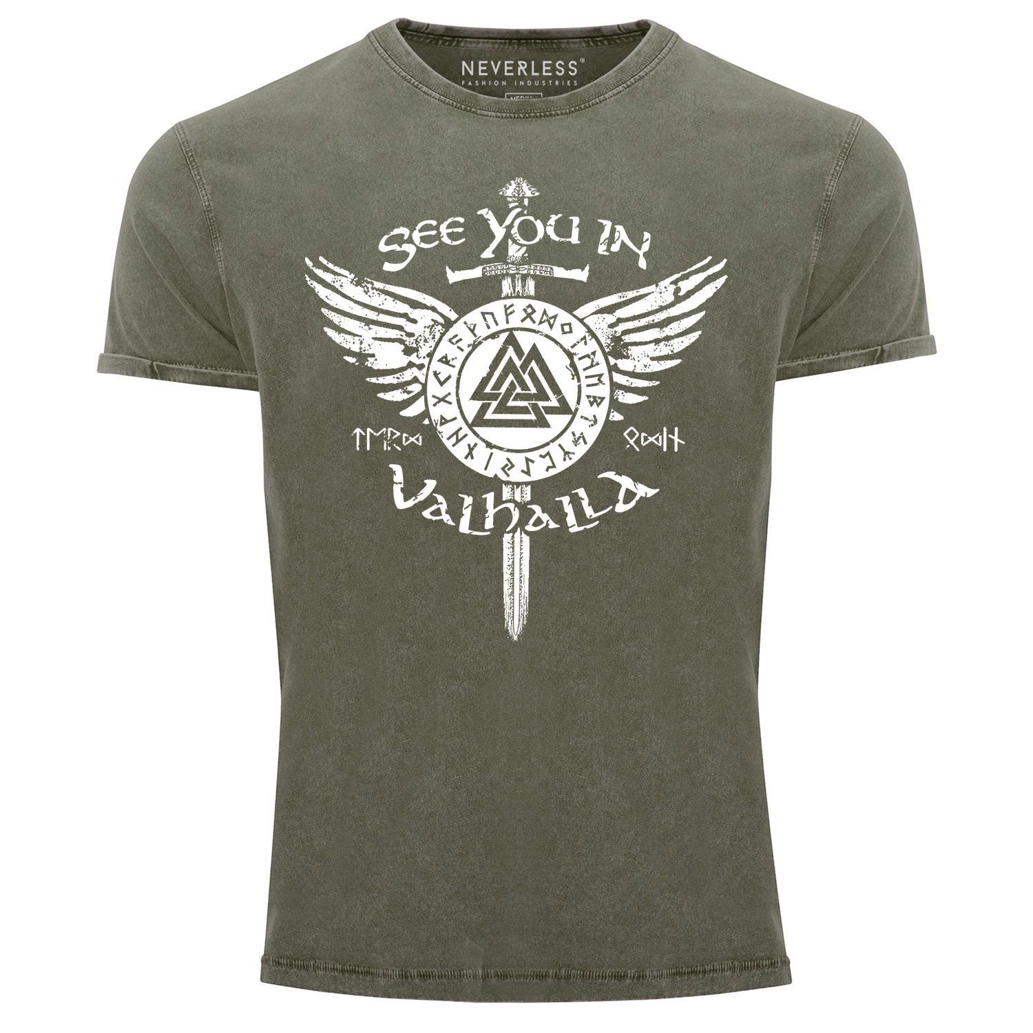 Neverless Print-Shirt Herren Vintage Shirt See you in Valhalla Schwert Runen Odin Vikings Printshirt T-Shirt Aufdruck Neverless® mit Print oliv