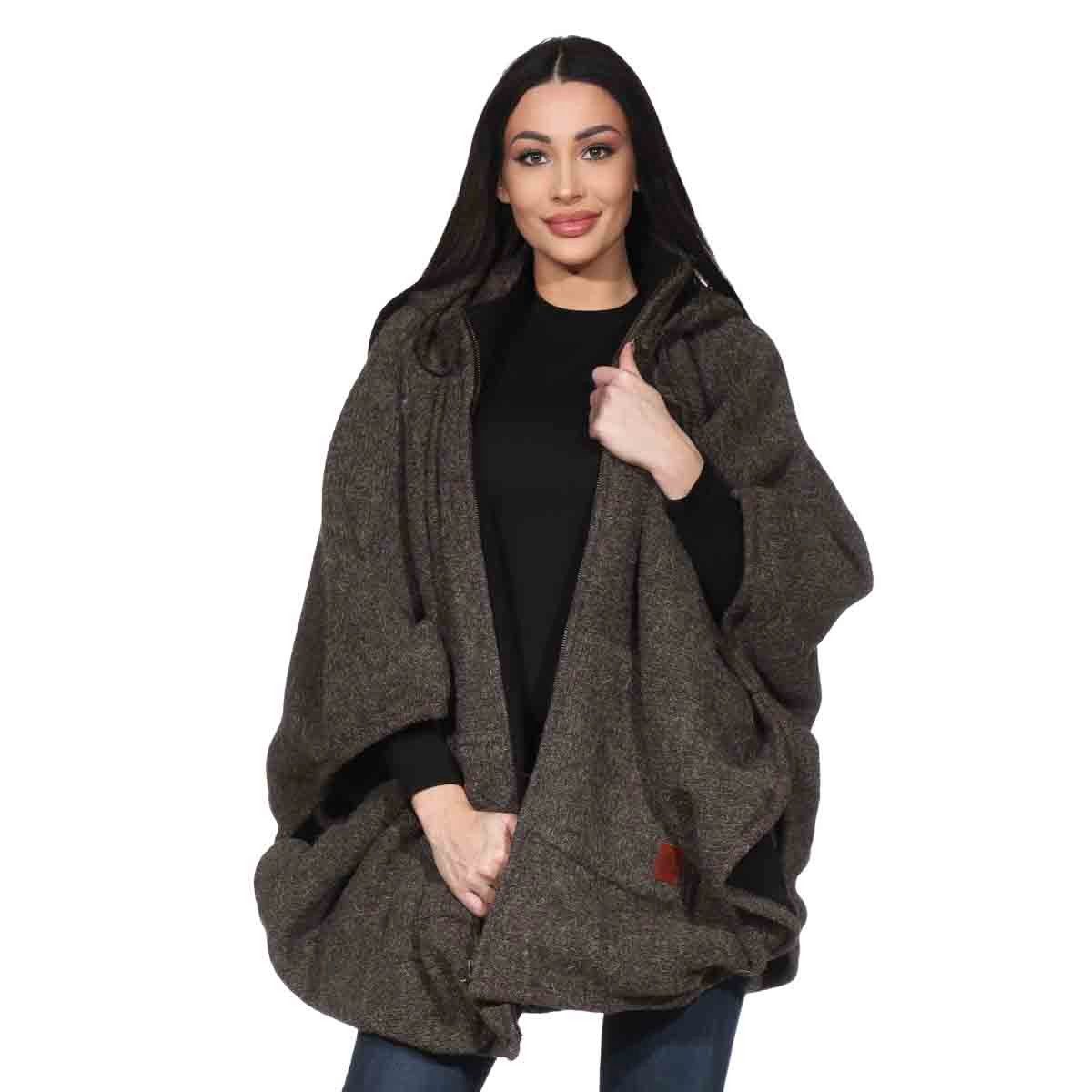 KUNST UND MAGIE Strickcape Damen Strickponcho Cape Mantel Wolle mit Zipfelkapuze & Fleecefutter