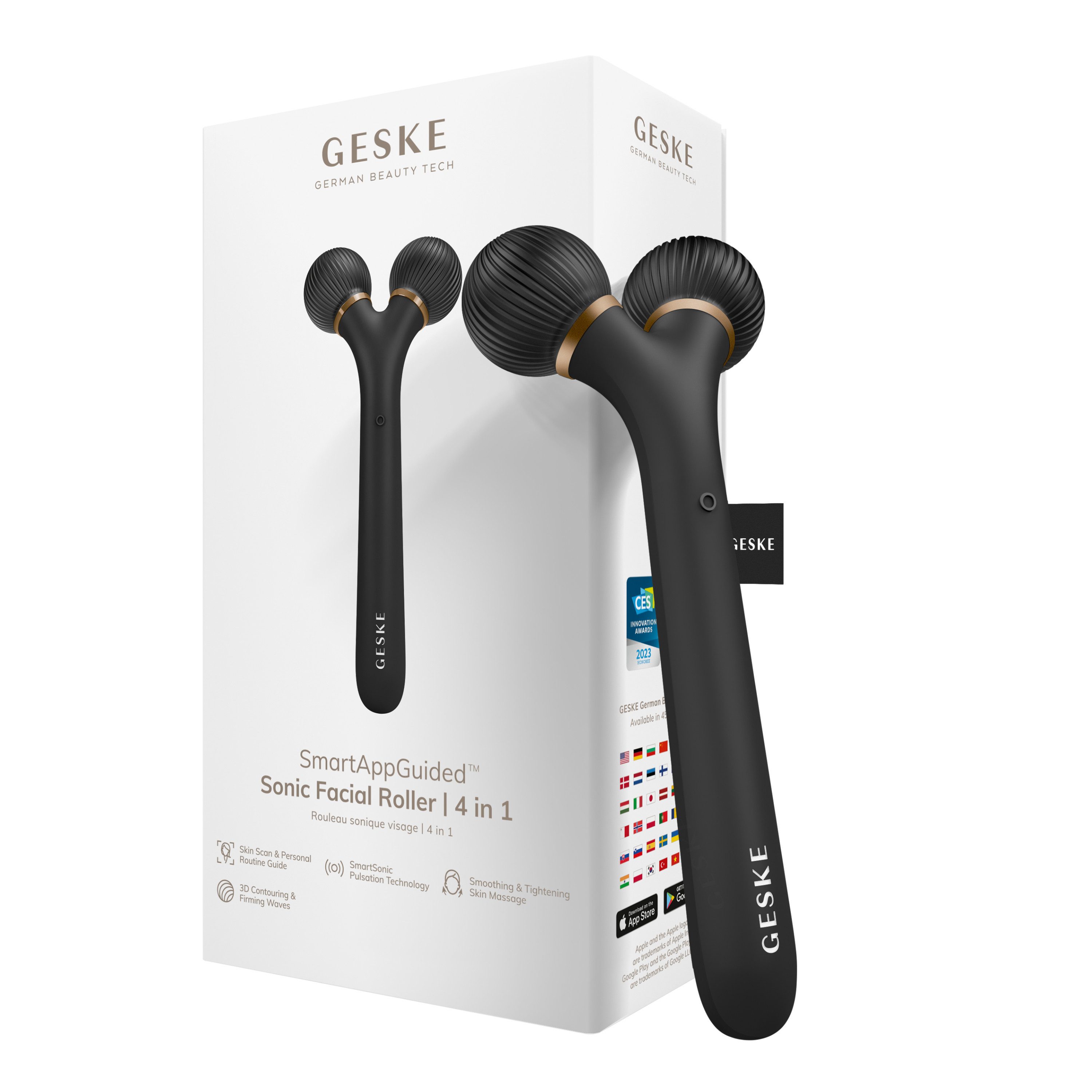 GESKE German Beauty Tech Dermaroller SmartAppGuided™ Sonic Facial Roller 4 in 1, Packung (Gerät & USB-Ladekabel), 2-tlg., Gerät inkl. kostenloser APP (SmartAppGuided Device), Mit der GESKE App erhältst Du deine personalisierte Hautpflegeroutine.