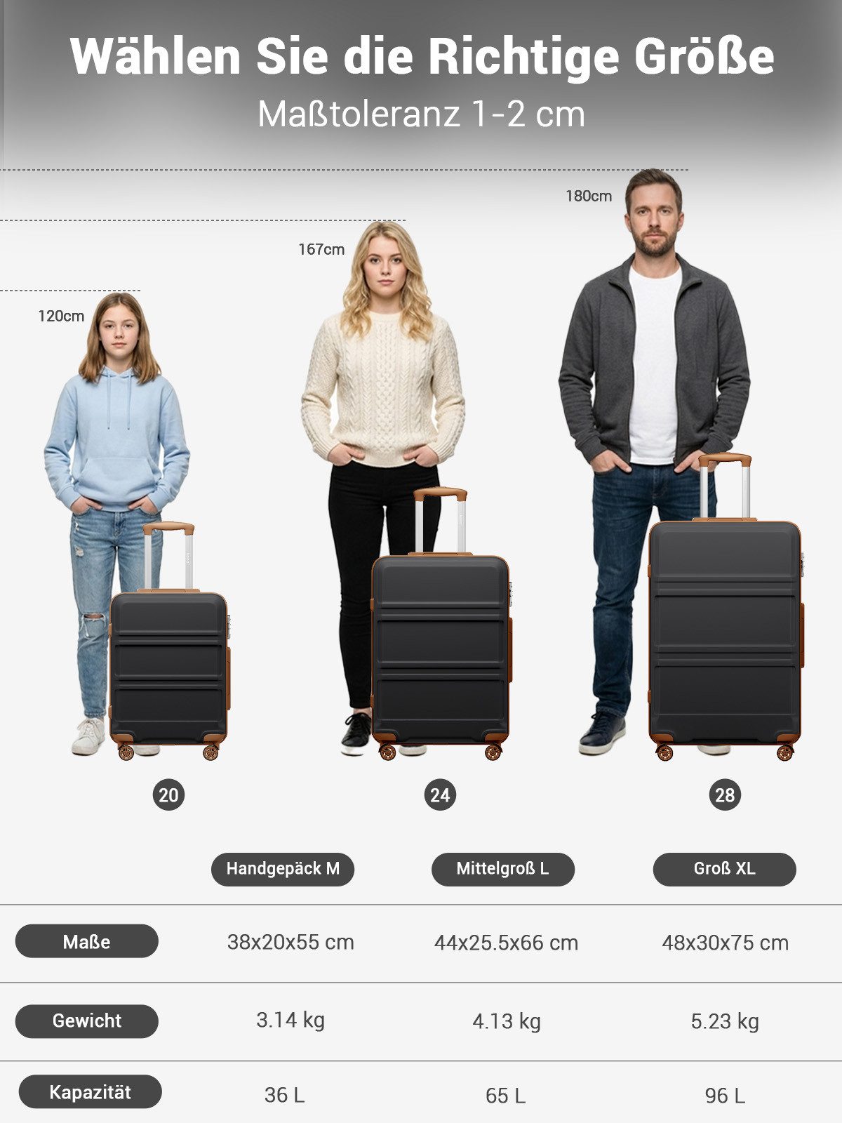 KONO Handgepäckkoffer - NUR 15 Zoll mit abnehmbaren Rollen, Leichter Kabinenkoffer (ABS+PC)