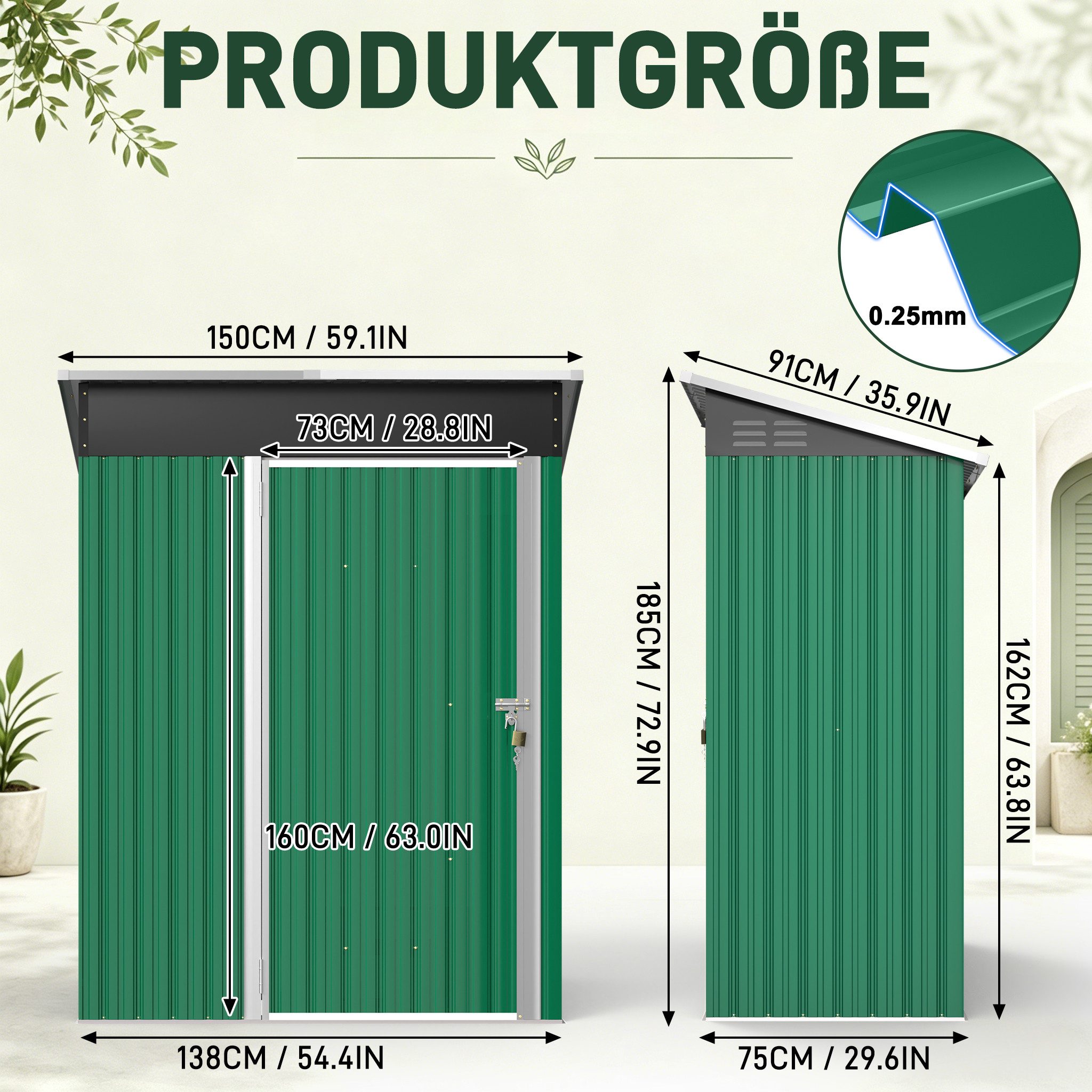 FIVMEN Gerätehaus Metall Geräteschuppen mit Pultdach & Tür Gartenschuppen, BxT: 180x117 cm, abschließbar für Hinterhof, Terrasse, Rasen Schwarz/Grün