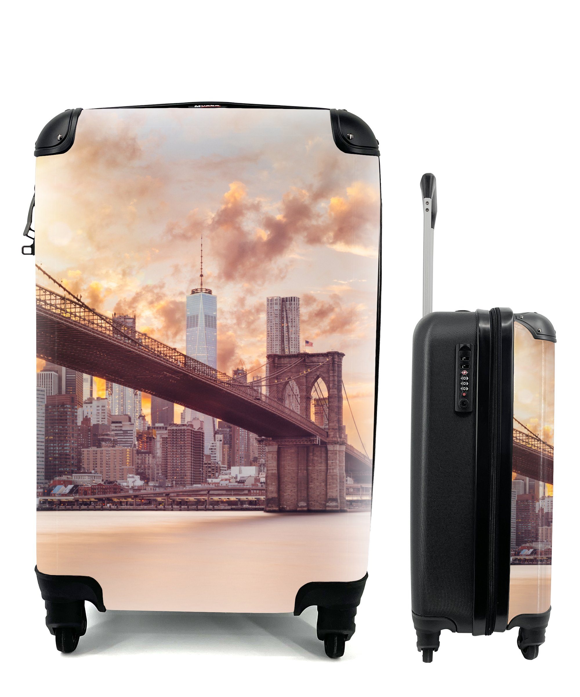 MuchoWow Handgepäckkoffer Sonnenuntergang, rollen, Skyline mit Reisekoffer Trolley, 4 Ferien, bei Bridge Brooklyn Reisetasche Rollen, und Handgepäck New Yorker die für