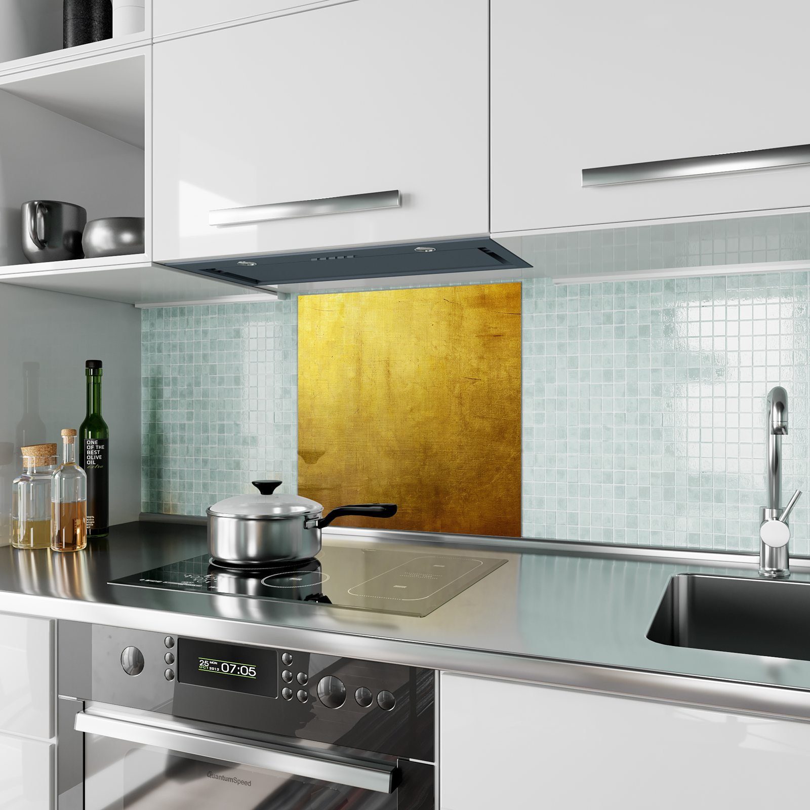 Primedeco Küchenrückwand Küchenrückwand Spritzschutz Glas Tapete Goldene mit Motiv