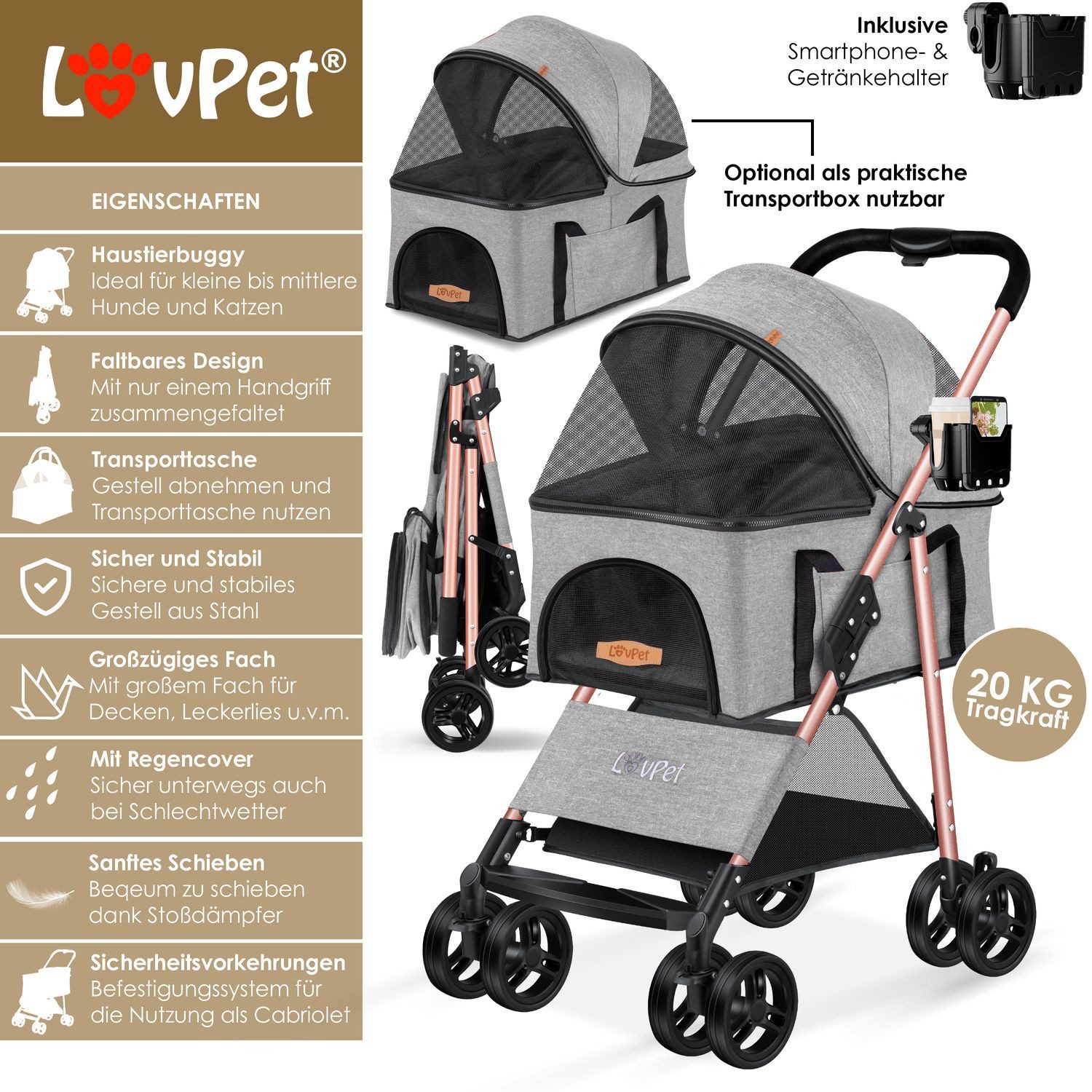 Thumbnail - Lovpet Hundebuggy 2in1 Hundewagen max. bis 20kg Buggy für Haustiere, (Hundebox & Tasche mit Regenschutzabdeckung Getränk...