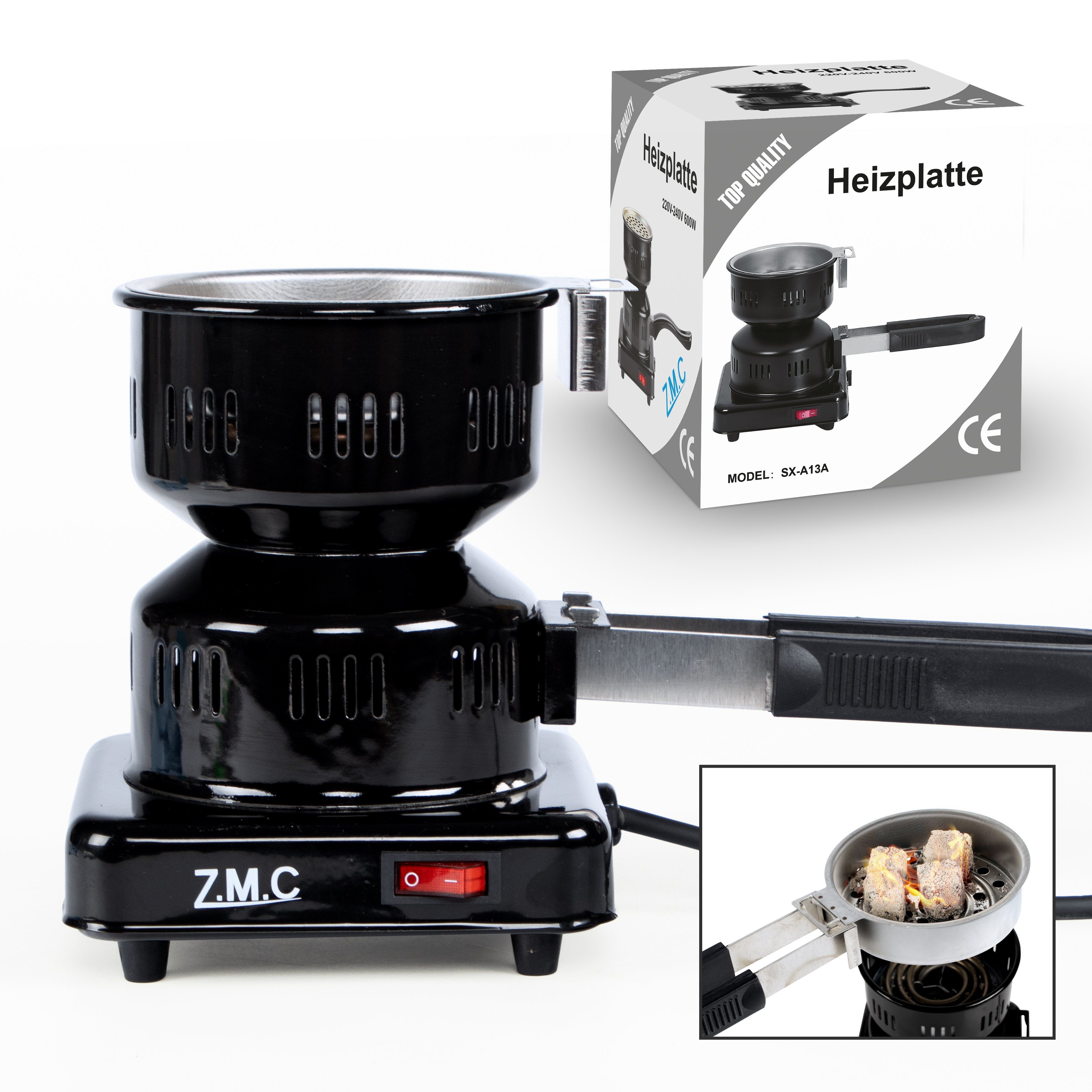 ZMC Elektro-Grillanzünder Elektrischer Kohleanzünder Shisha Kohle Brenner, (Grill Anzünder mit abnehmbare Zange Für bis zu 8 Kohle-Briketts), 600w Kohlebrenner Heizplatte E-Heater mit Abnehmbarem Kohlekorb