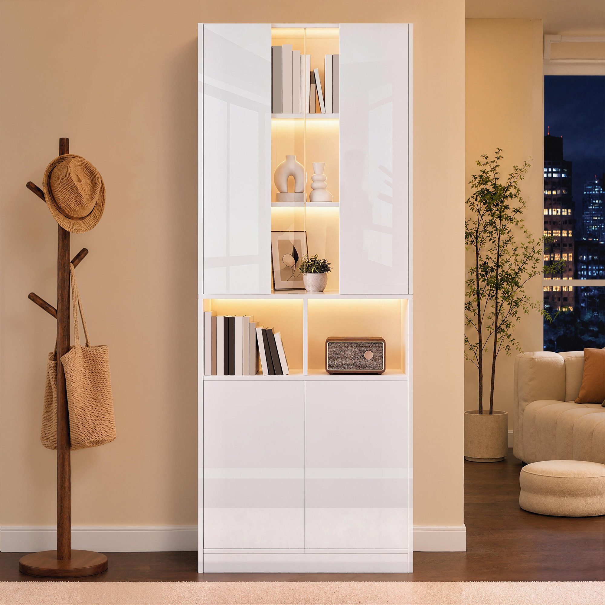 Merax Vitrine mit LED-Beleuchtung inkl.APP, 70Lx35Bx180Hcm (1-St., Wohnzimmerschrank Flurschrank Schlafzimmerschrank) mit Acryl-Sichtfenster,Doppeltüren,verstellbarem Einlegeboden,Stauraum