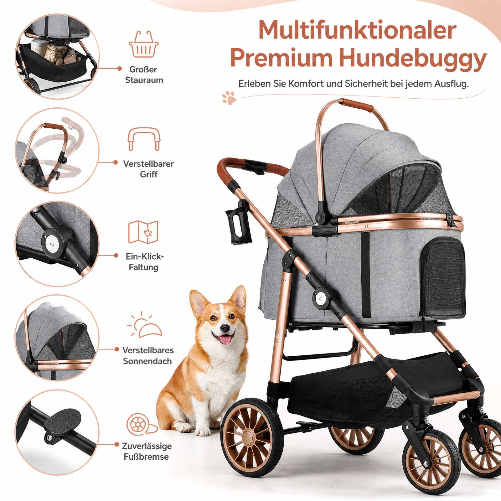 TLGREEN Hundebuggy 4-in-1 Großer Hundewagen, (Faltbar, 360° Gummiräder mit Schwingungsdämpfung), Katzenwagen – Bild 3 von 5