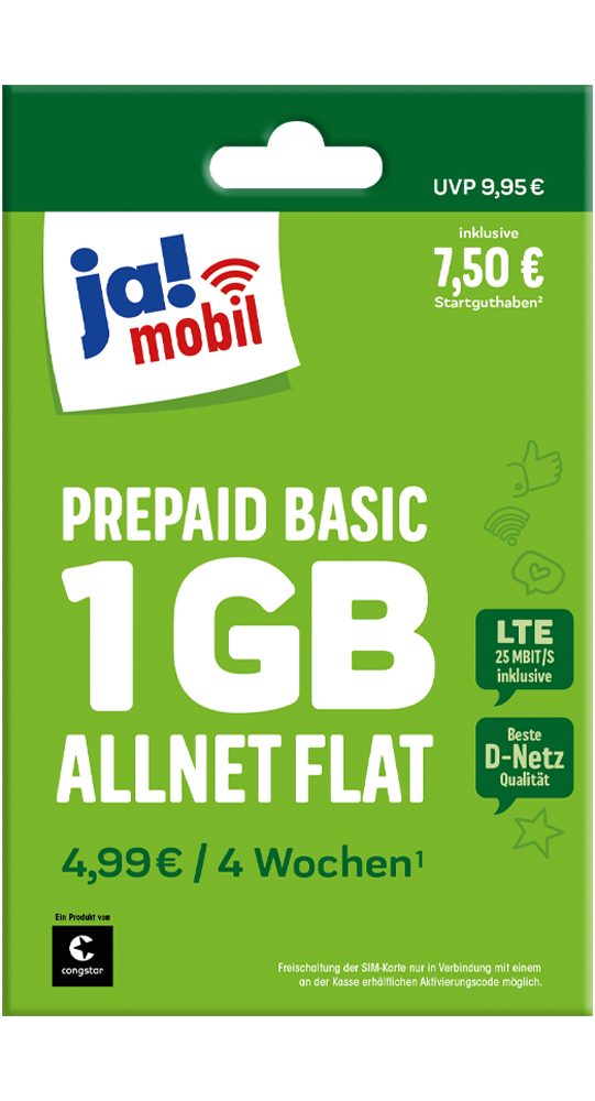 Ja! Mobil Prepaid Basic Prepaidkarte, (Allnet-Flat + 1 GB LTE, EU-Roaming inkl. Schweiz, 7,50 € Startguthaben)