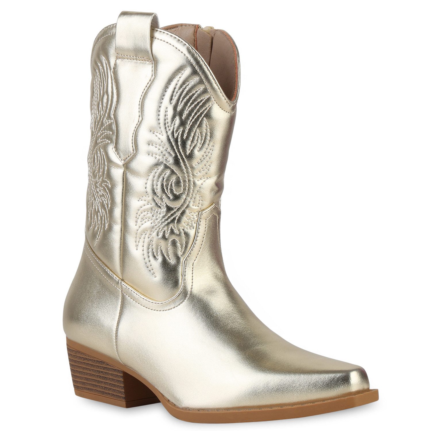 VAN HILL 21181639 KY SU735 Damen Stiefeletten Gold 39 Cowboy Boots Damen Cowboy Boots Stiefeletten Stickereien Holzoptikabsatz