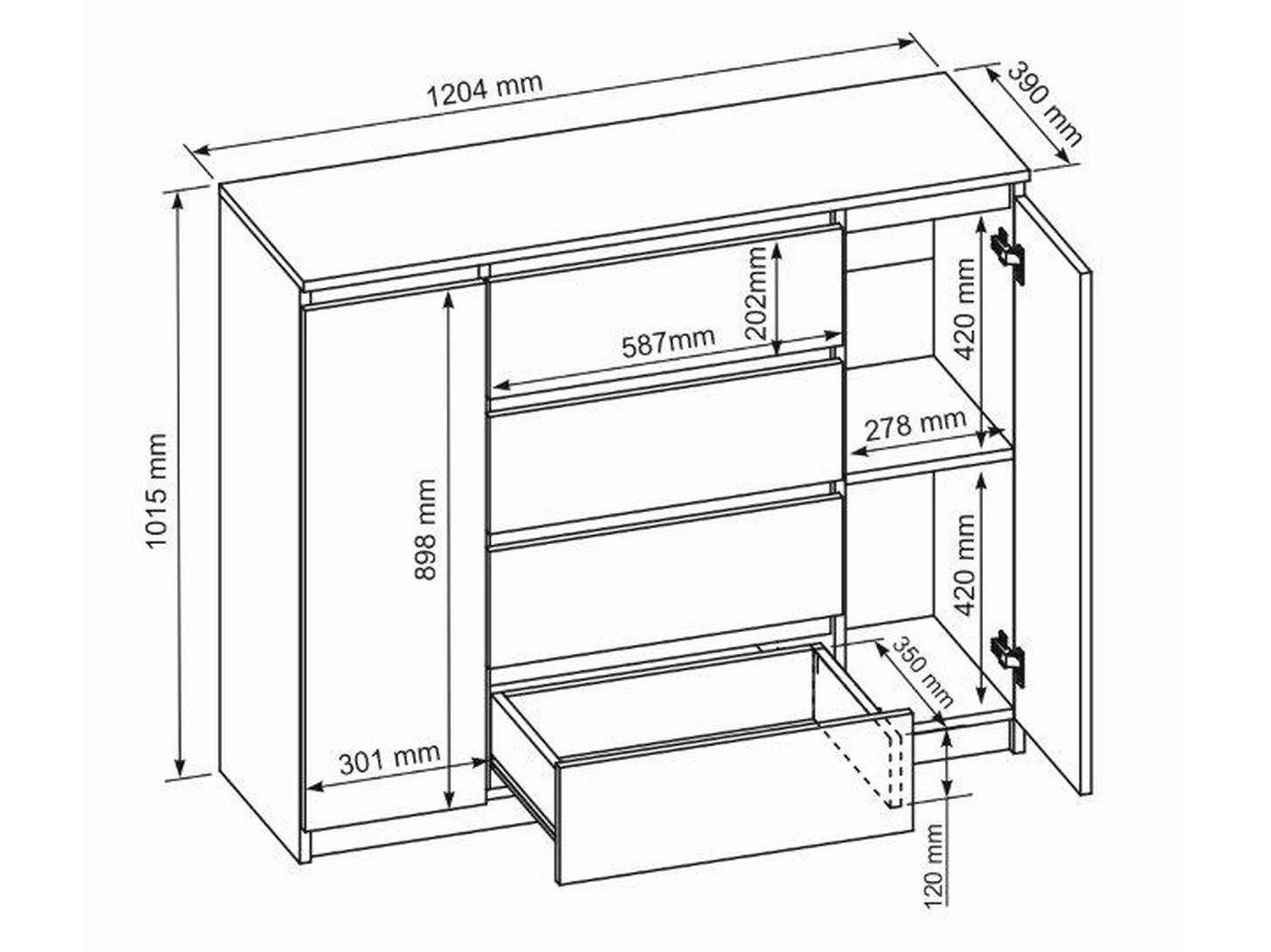 Beautysofa Kommode LEMON mit 4 Schubladen und 2 Türen (Kugelgelagerte Schubladenführungen, Weiß Modernes Sideboard), Breite: 120 cm oder 140 cm – Bild 5 von 5