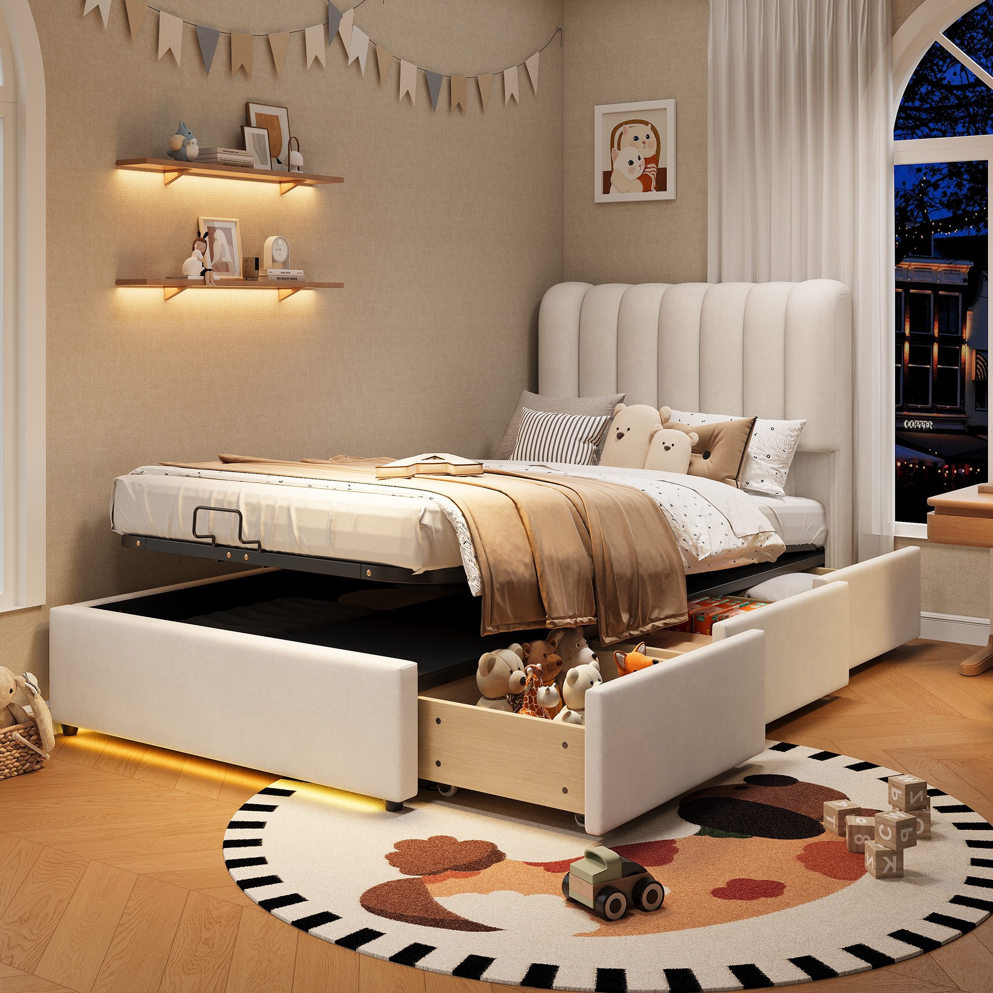 TavilaEcon Boxspringbett Stauraumbett mit großem Stauraum, 3 Schubladen und LED-Lichtleiste (1-St), mit weichem Samtbezug, 90×200cm, beige
