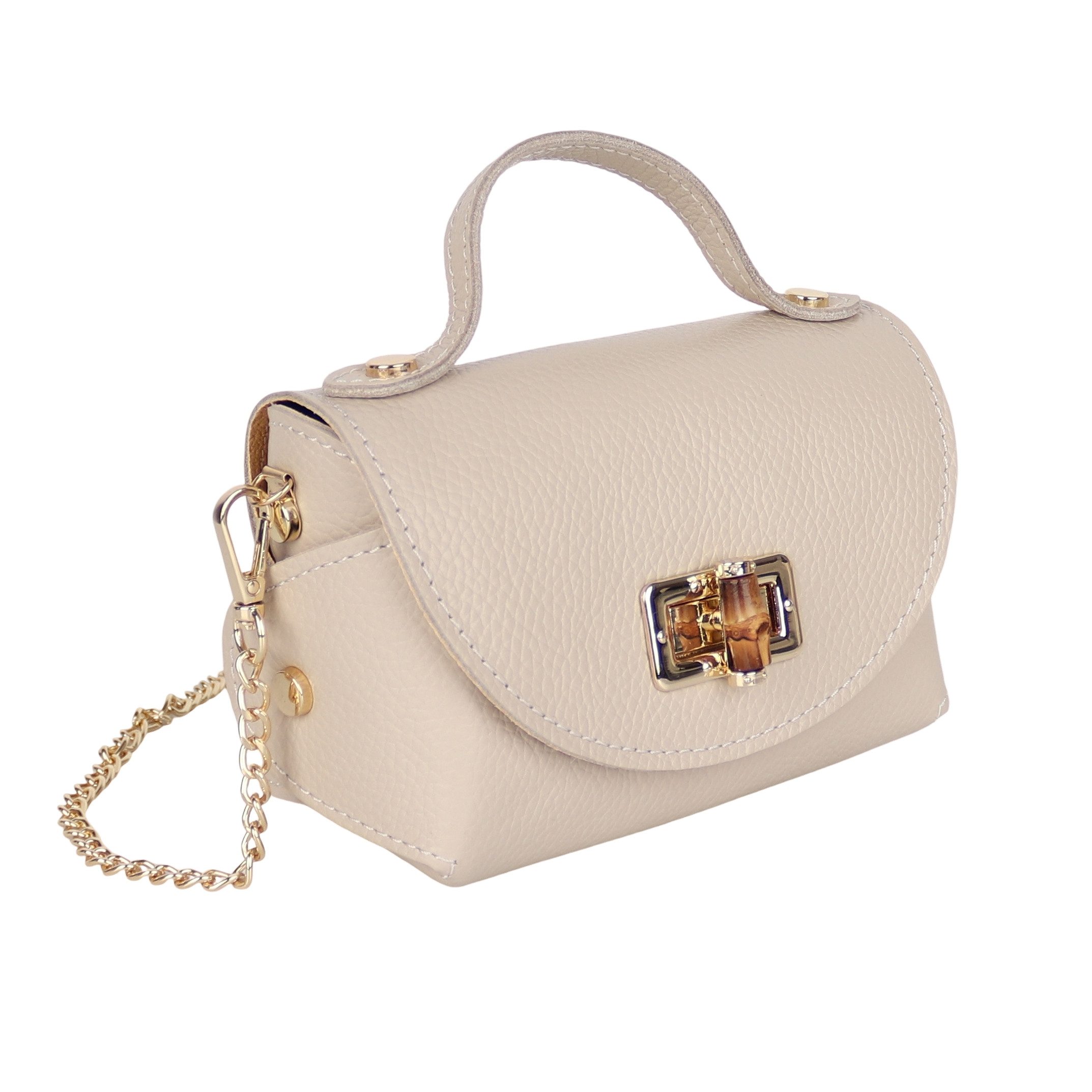 MIRROSI Henkeltasche Damen kleine Tasche aus Echtleder Schultertasche 16,50x10x8,50 cm, Mit goldfarbener Kette, ca. 125 cm lang