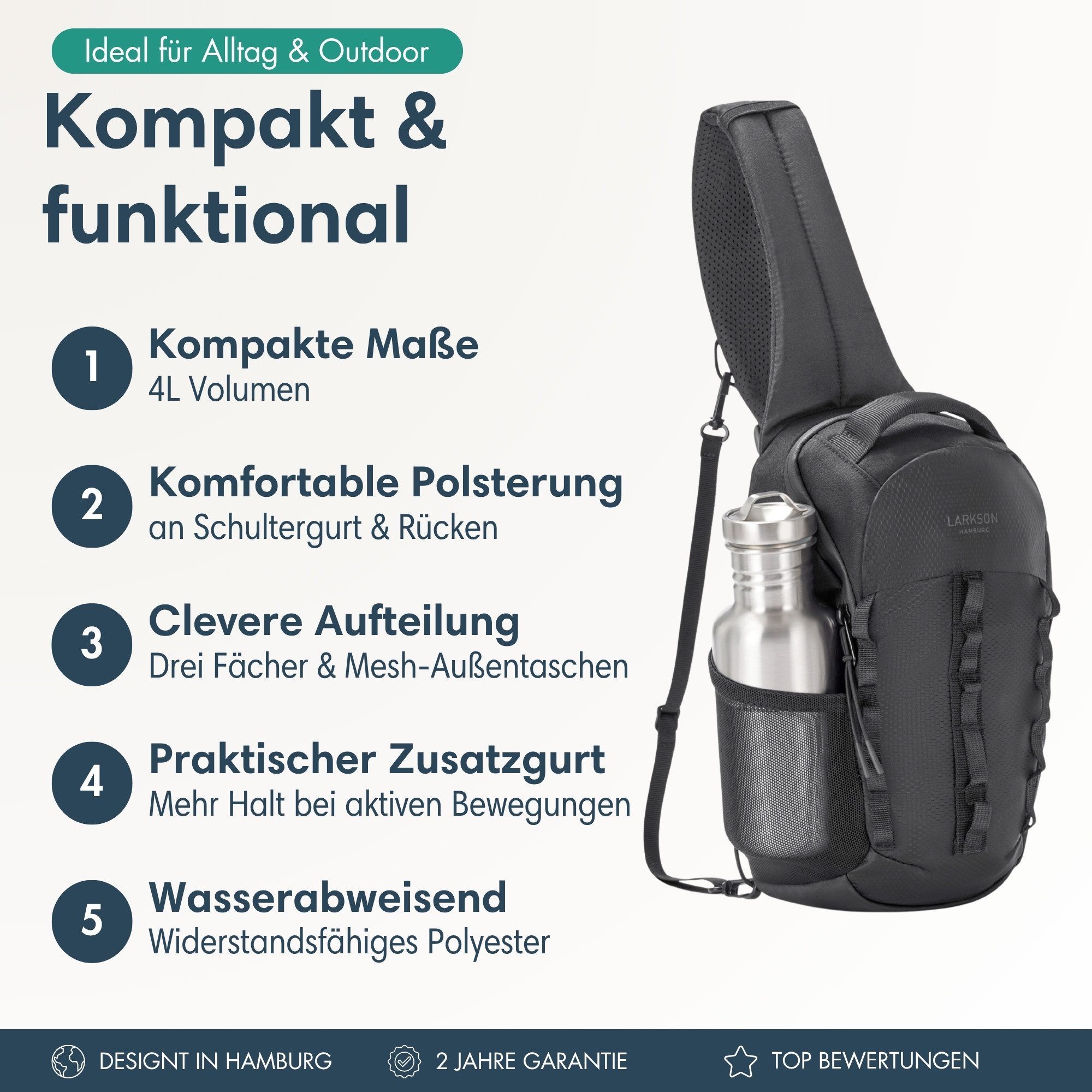 LARKSON Umhängetasche Klint Sling Bag 4 L, Funktionale Umhängetasche, Schultertasche für Wandern, Radfahren, Reisen, Outdoor – Bild 2 von 5