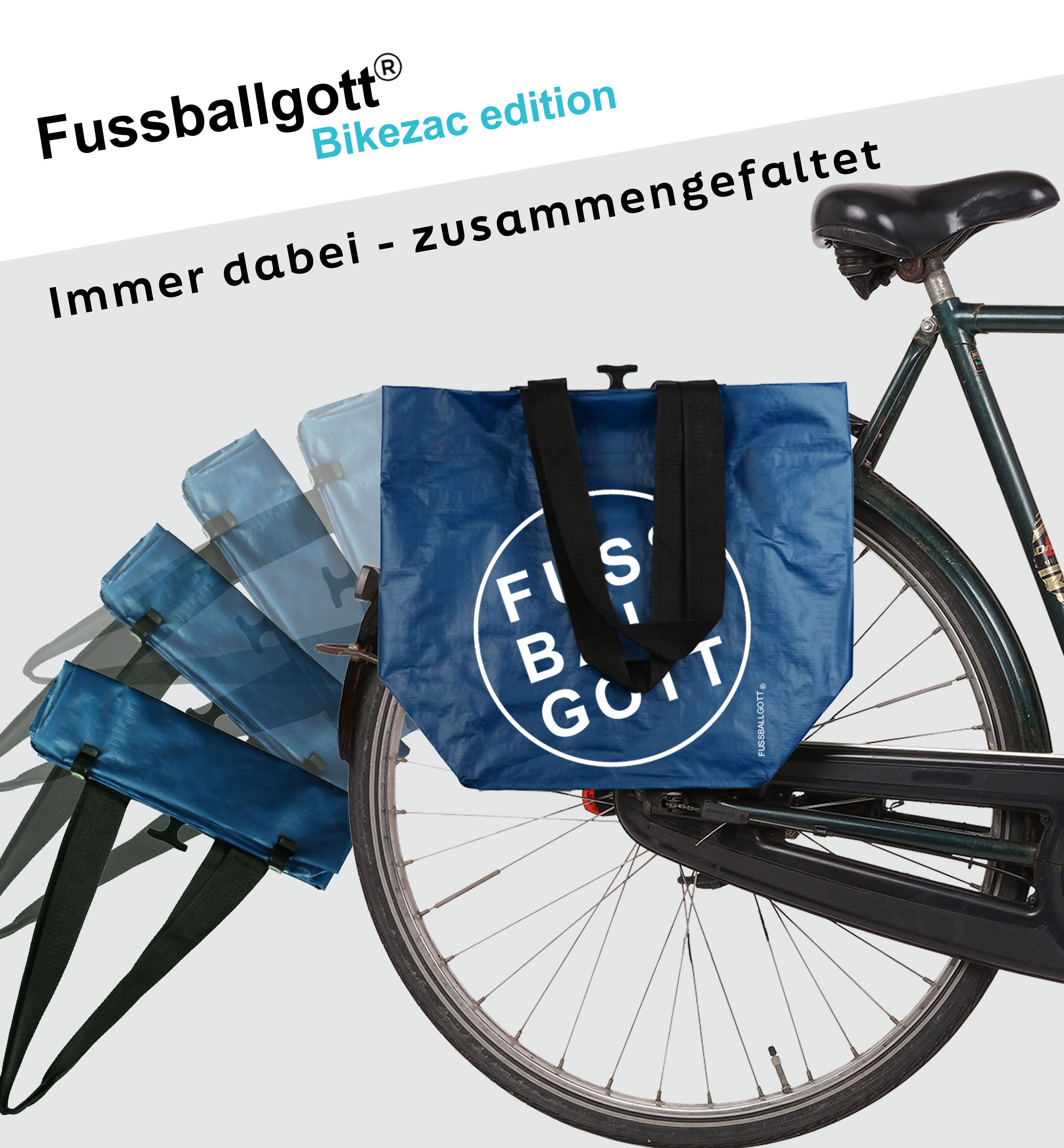 BIKEZAC Shopper Bikezac Shopper Simply Blue Clip-On Fußballtasche FUSSBALLGOTT (Fahrrad-Tasche mit Haken – ideal für Training, Schule & Spieltag, Fahrradeinkaufstasche wasserdicht Gepäckträger Einkaufswagen)