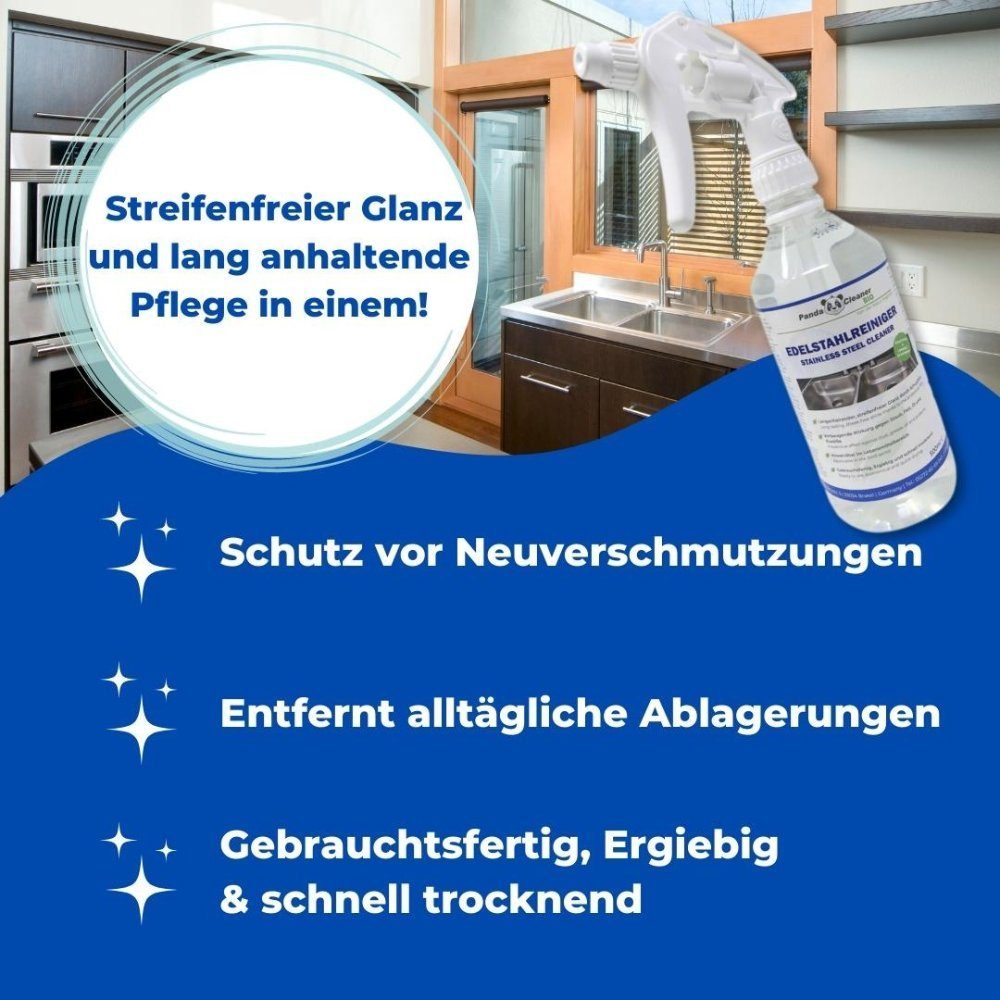 PandaCleaner Edelstahl-Reiniger - Edelstahlpflege - Flächenreiniger Edelstahlreiniger (1-St. 500ml Allerhöchste Materialschonung)