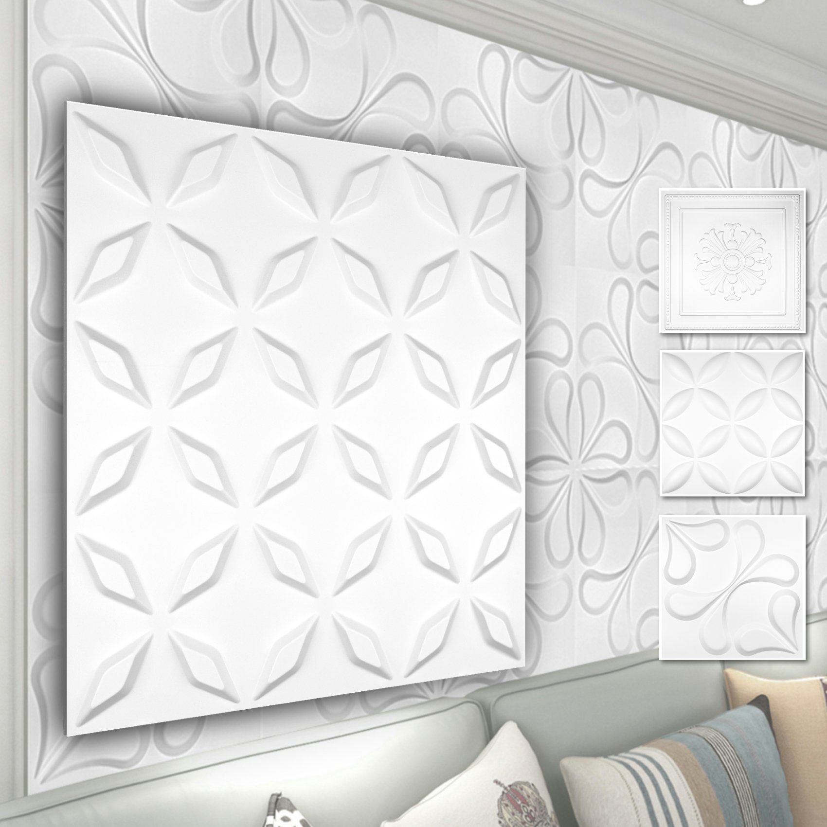 Hexim Dekoobjekt (PVC Kunststoff - weiße Wandverkleidung mit 3D Optik - Blumen Motive (3 qm, 12 Platten) Kinderzimmer Wand Qualität)