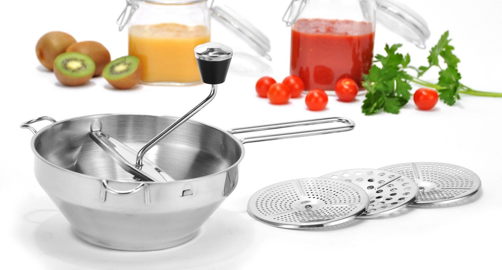 GartenHero Passiersieb Passiermühle aus Edelstahl mit 3 Einsätzen Passiersieb Passiergerät, Edelstahl