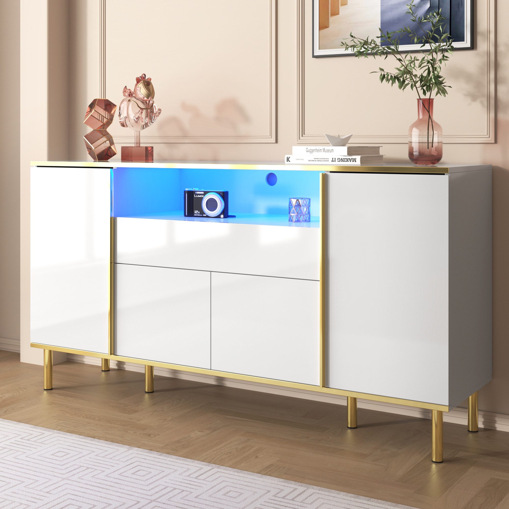 Sideboard Hochglänzende weiße schwarze Mit vier Türen mit 1 Schublade Sideboard