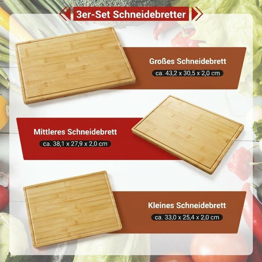 GarveeMore Schneidebrett Bambus-Schneidebrett-Set 3-teilig mit Ständer, Bambus, mit Saftrille, Holzschneidebretter in drei Größen – Bild 5 von 5