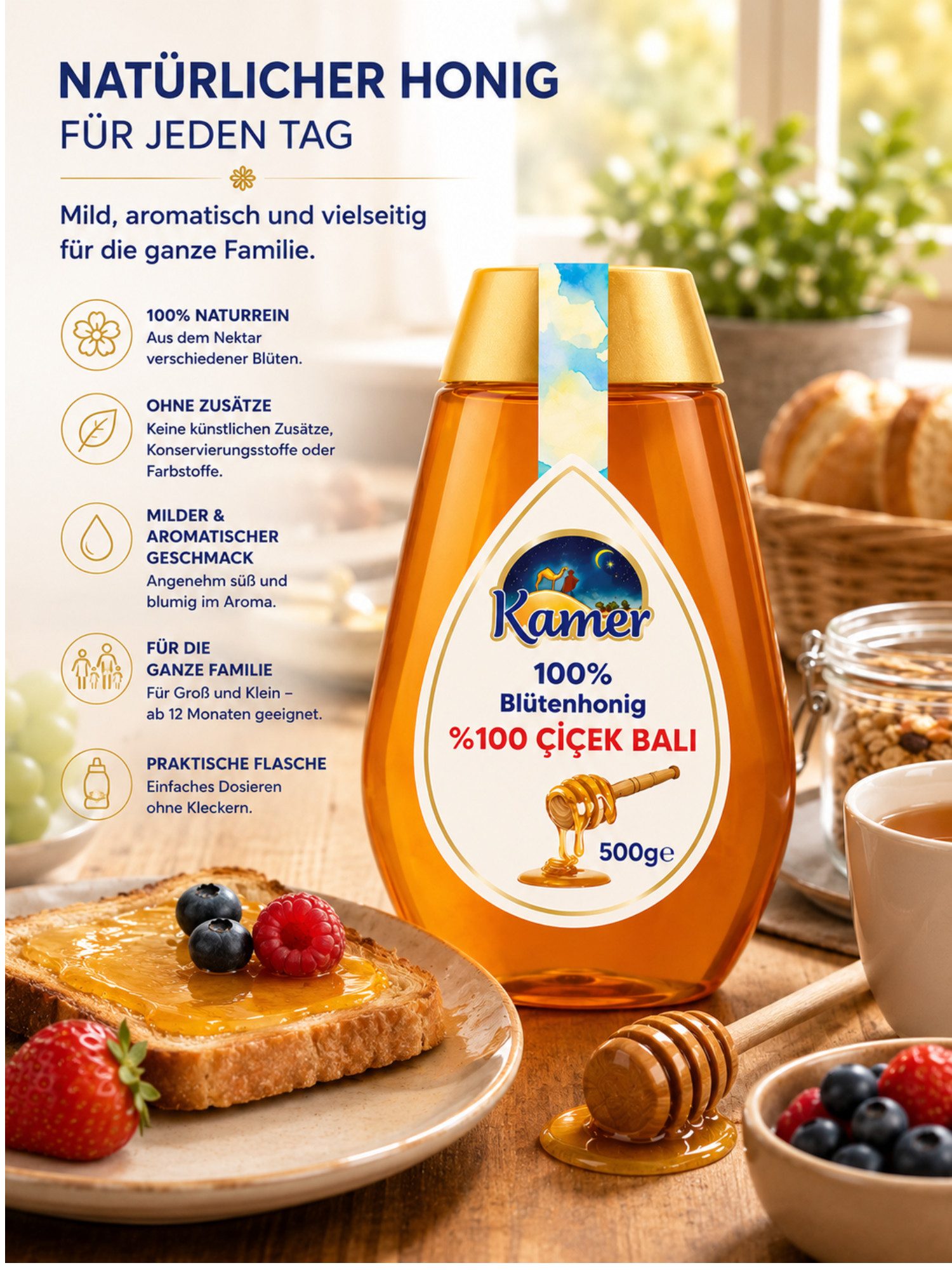SERA FOOD Honig 100% Naturreiner Blütenhonig, 100% Naturrein Ohne Konservierungsstoffe Ohne künstliche Farbstoffe