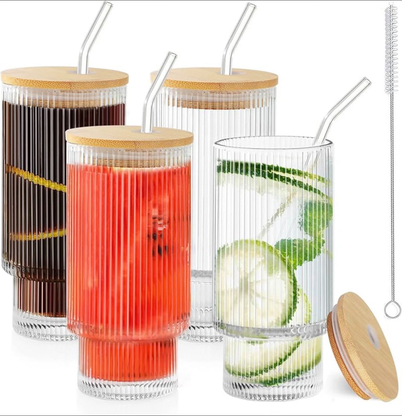 Anhow Cocktailglas 4er Cocktailgläser 350ml mit Deckel & Glasstrohhalm – stapelbar, Glas, Stapelbare Cocktailgläser mit Deckel & Strohhalm aus Glas