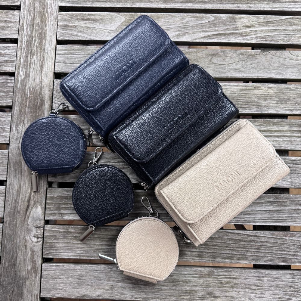 MAONI Geldbörse Geldbörse und Handytasche zum Umhängen - Schwarz (Packung, Handytasche zum Umhängen, einfarbiger Taschengurt, Münztasche), Vegan, Taschengurt auswechselbar, mit Handyfach