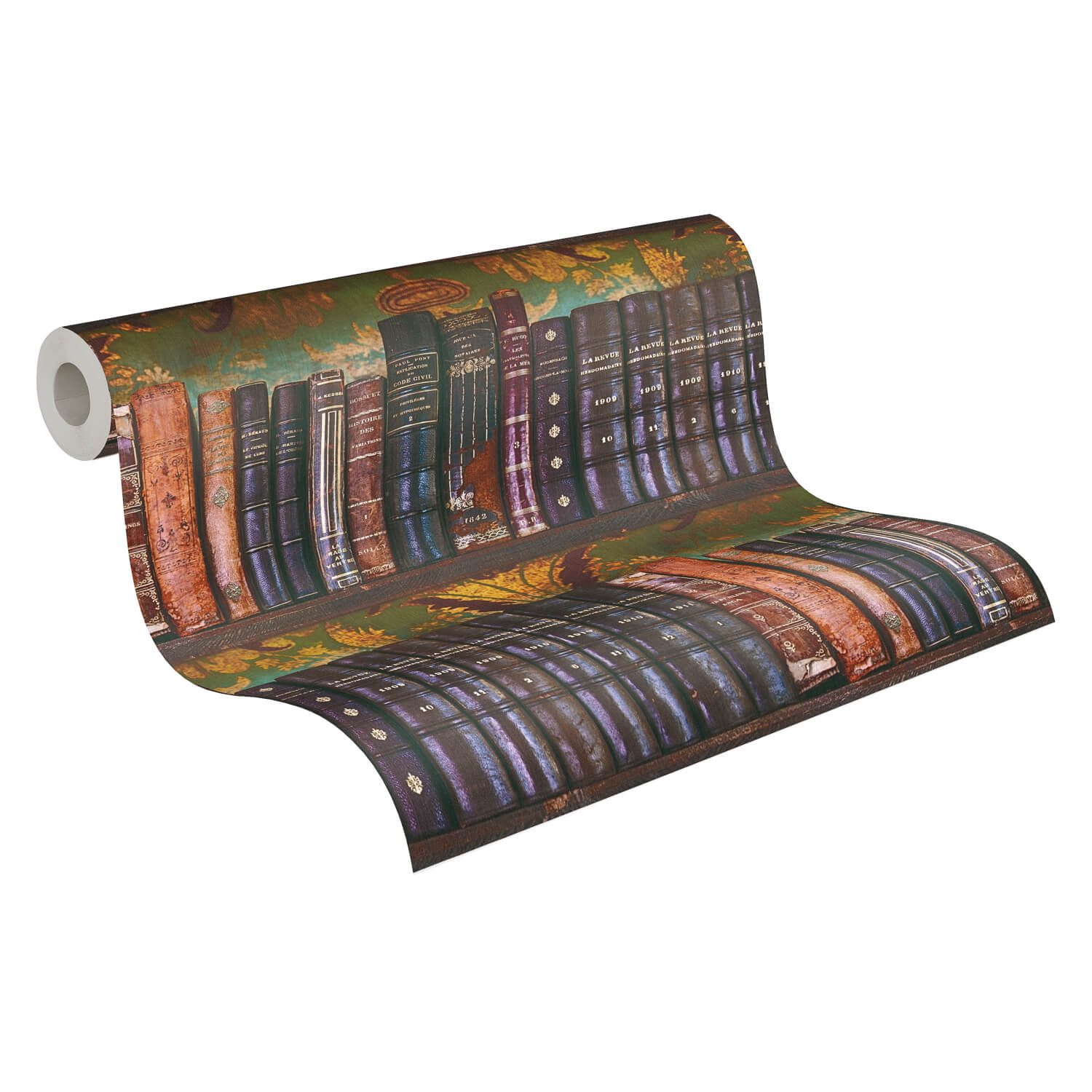 Profhome 3D-Tapete 791876-GU 3D Tapete Bücher matt braun grün gold-gelb, geprägt, (1 Rolle, 5,33 qm), heißgeprägte Vliestapete, braun