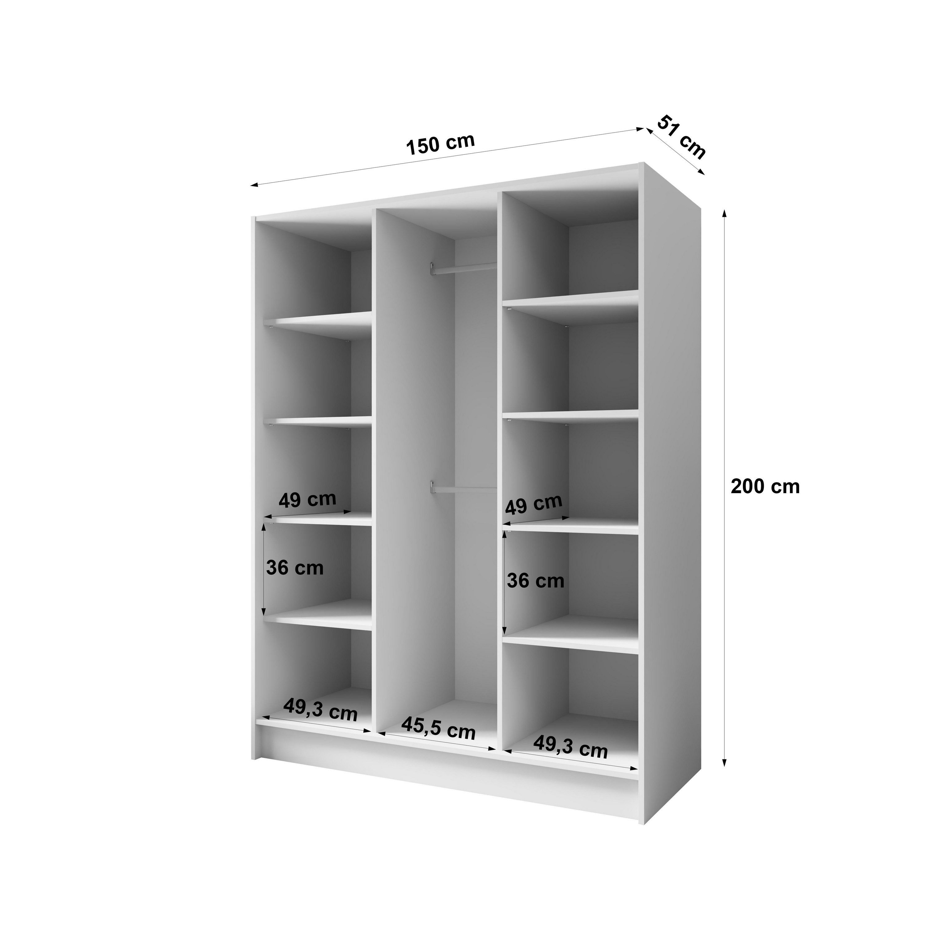 Masseno Drehtürenschrank VELAR 150 cm Kleiderschrank 3 Türen Schlafzimmerschrank Weiß