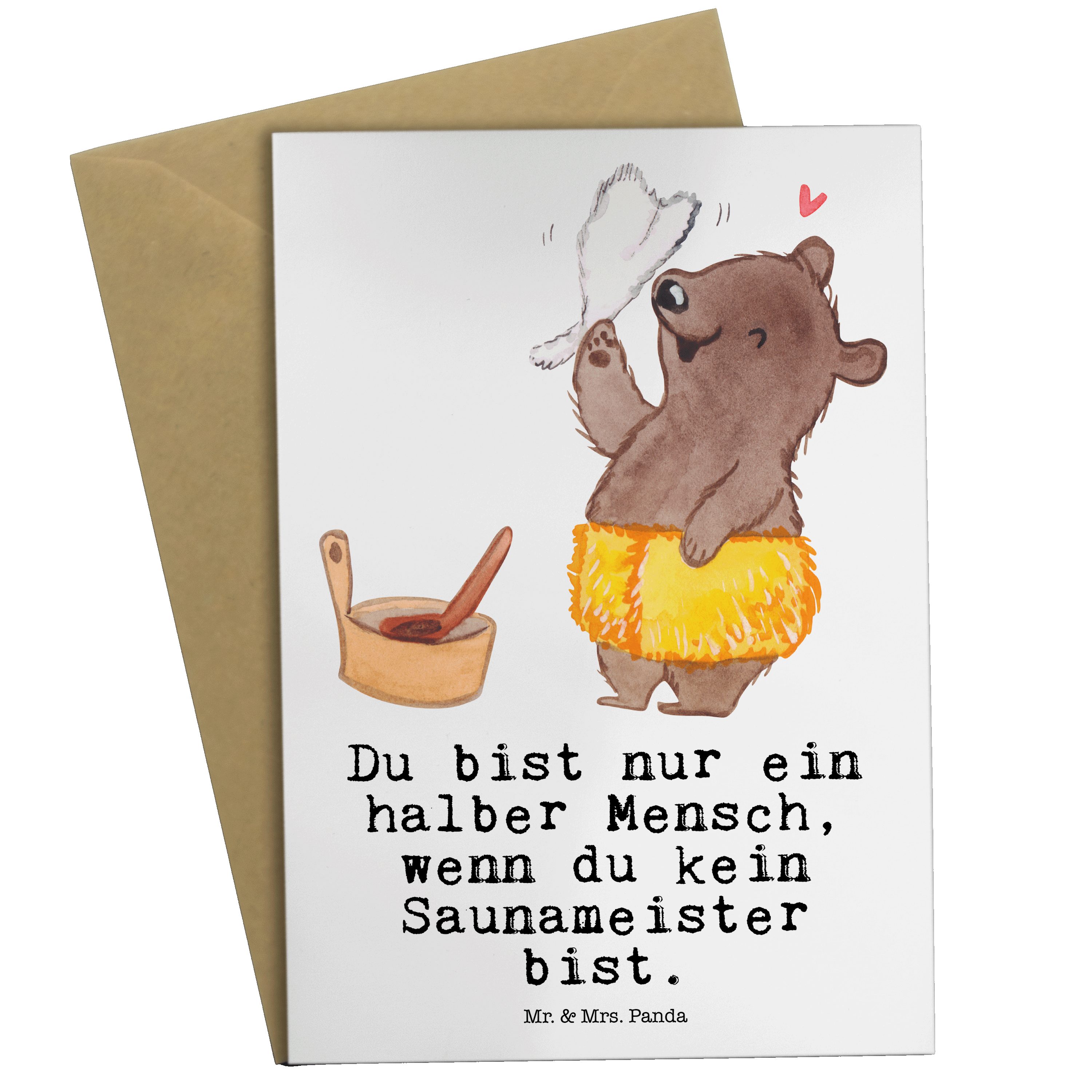 Mr. & Mrs. Panda Grußkarte Saunameister mit Herz - Weiß - Geschenk, Einladungskarte, Beruf, Hoch