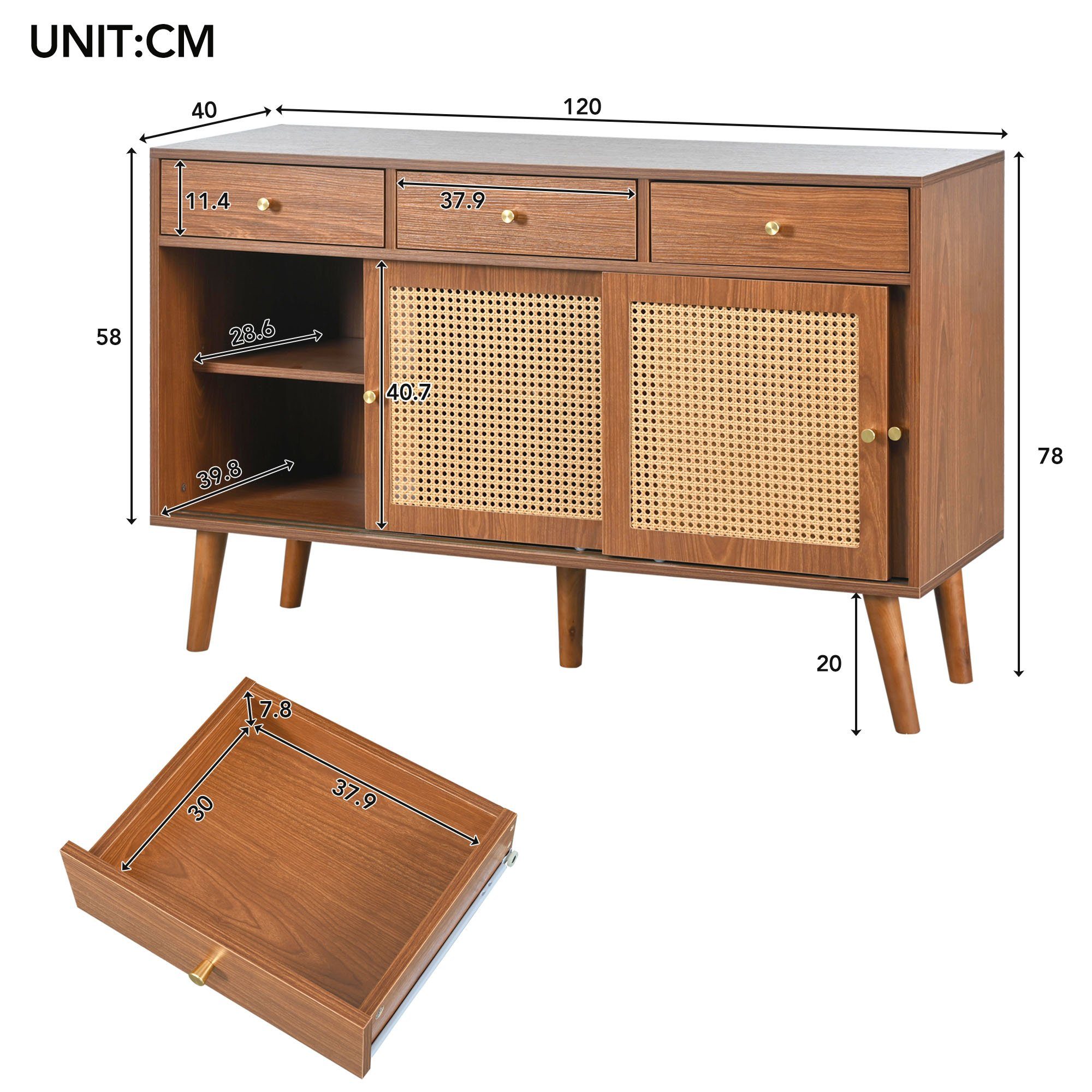 Flieks Sideboard (1 St), Kommode mit 3 Schubladen und 3 Schiebetüren Rattan günstig online kaufen