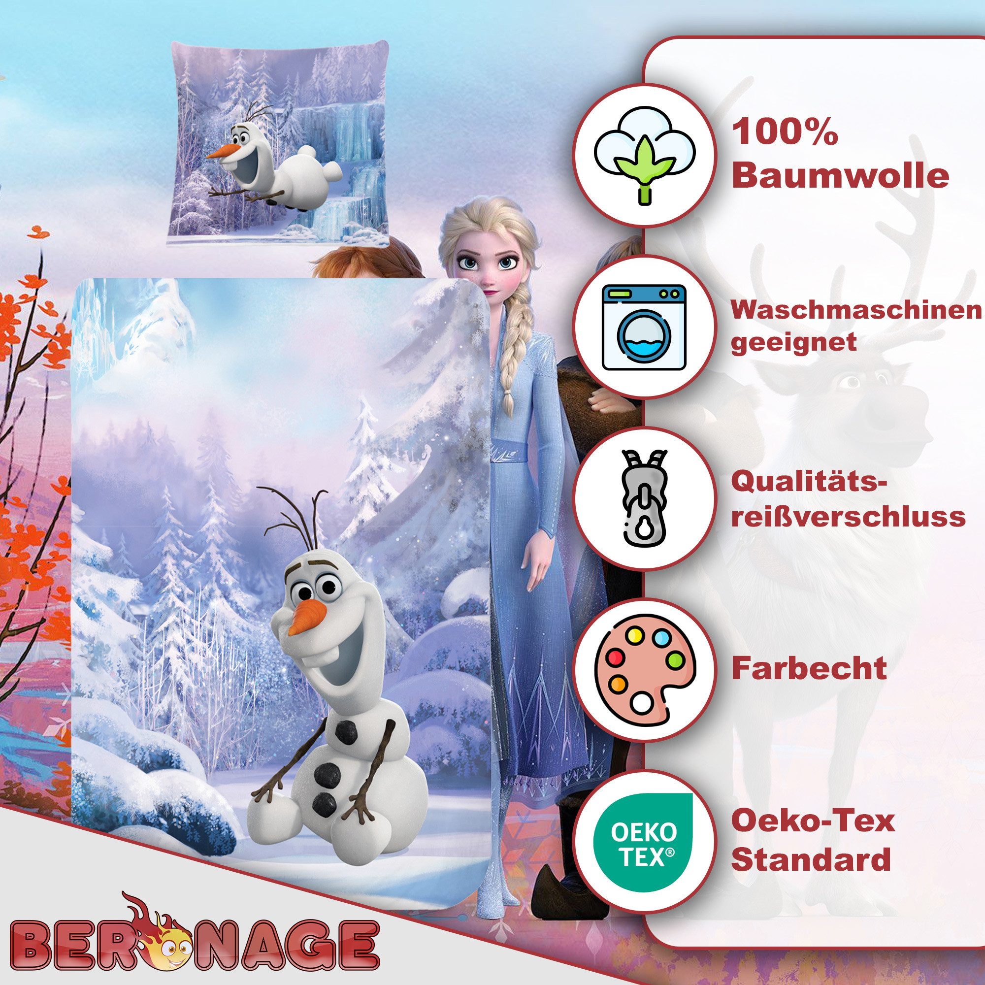 BERONAGE Kinderbettwäsche Frozen Die Eiskönigin Olaf Der Schneemann Bettwäsche Biber / Flanell, 100% Baumwolle, 2 teilig, 135x200 + 80x80 cm – Bild 3 von 5