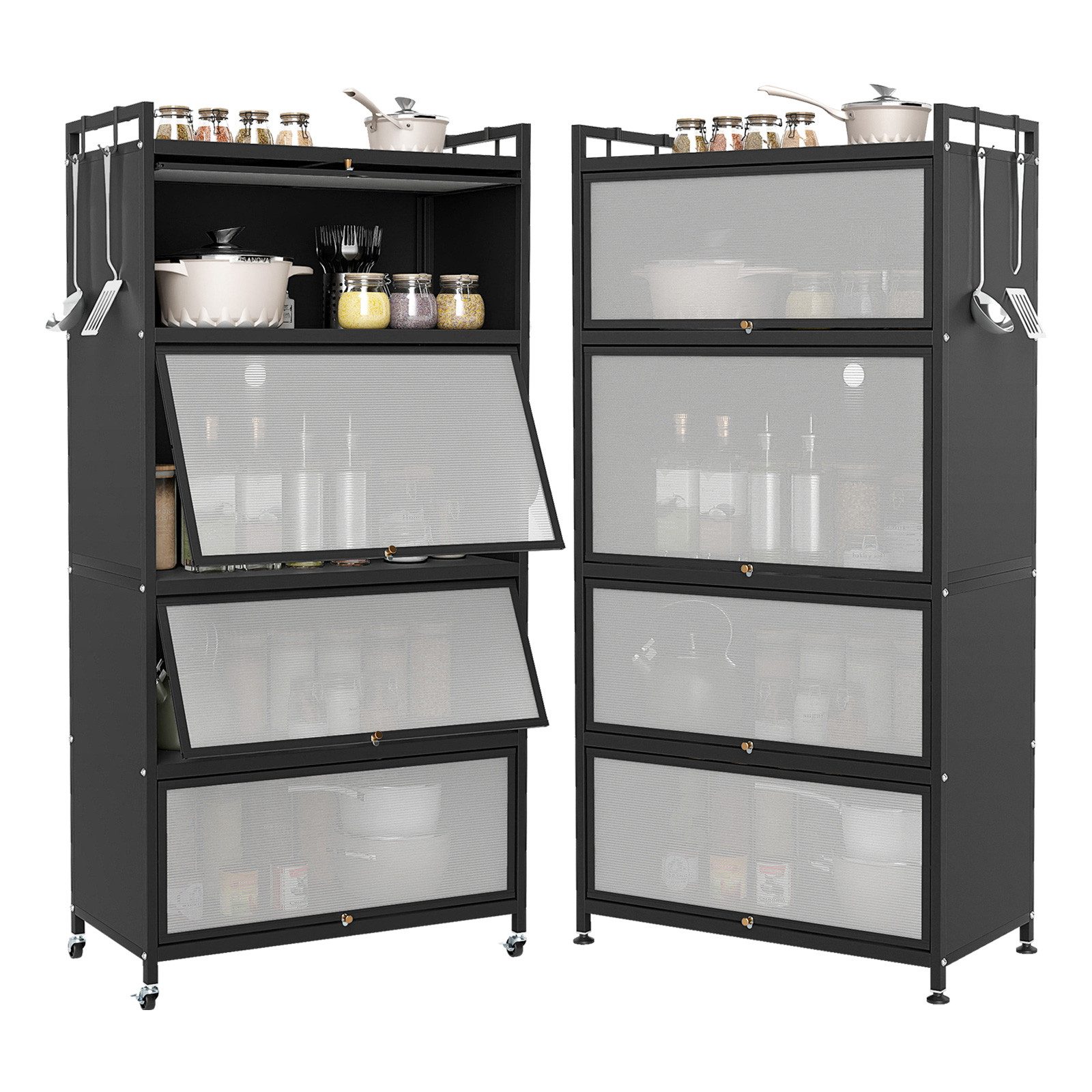 COSTWAY Vorratsschrank Küchenschrank hoch mit Rollen, PC-Klapptüren & 4 Haken Metall