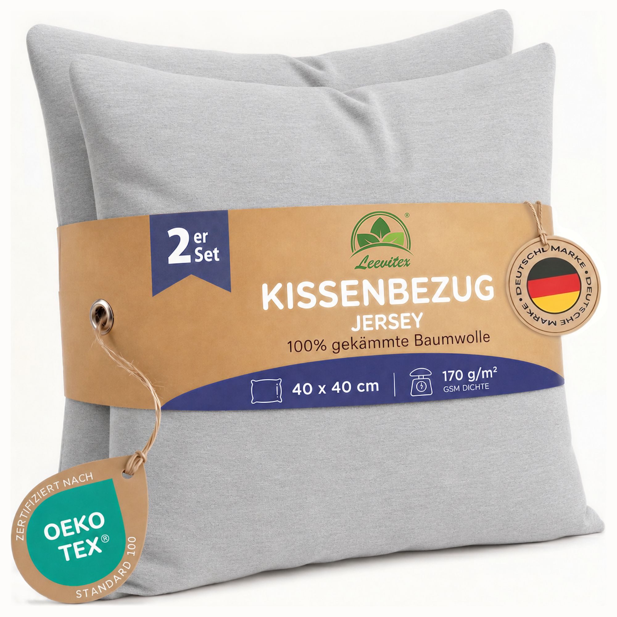 leevitex® Kissenbezüge Kissenbezug 40 x 40 cm, 2er Set, Silber/Hellgrau, (2 Stück), feine Jersey-Qualität, 100% Baumwolle, robuster Reißverschluss
