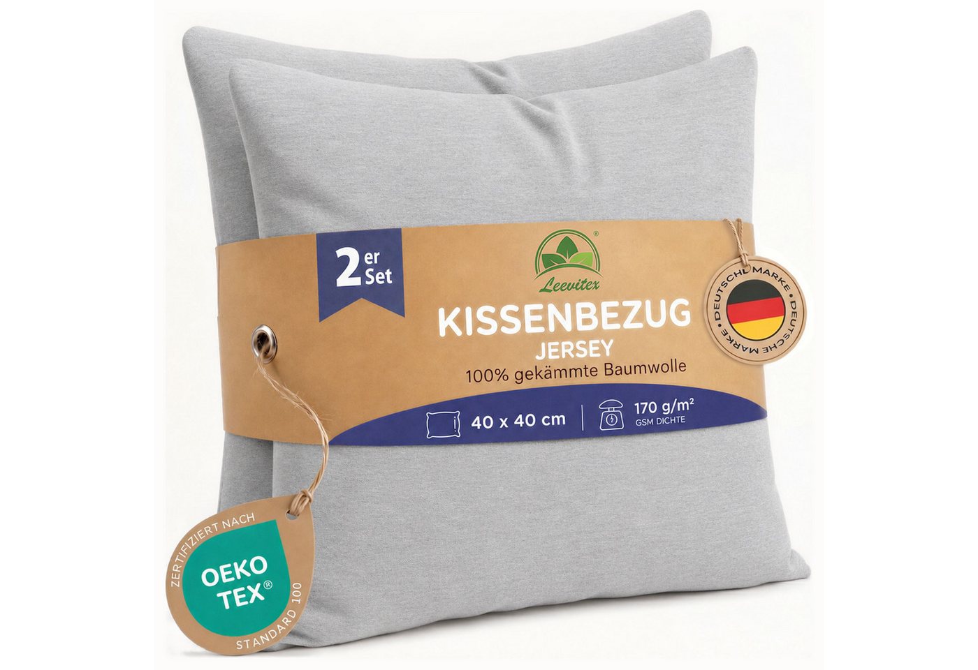 leevitex® Kissenbezüge Kissenbezug 40 x 40 cm, 2er Set, Silber/Hellgrau, (2 Stück), feine Jersey-Qualität, 100% Baumwolle, robuster Reißverschluss