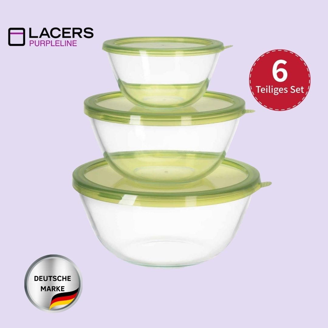 Lacers Salatschüssel Lacers PurpleLine 6-tlg. Glas-Salatschüssel-Set mit Deckeln, stapelbar, (6-tlg)