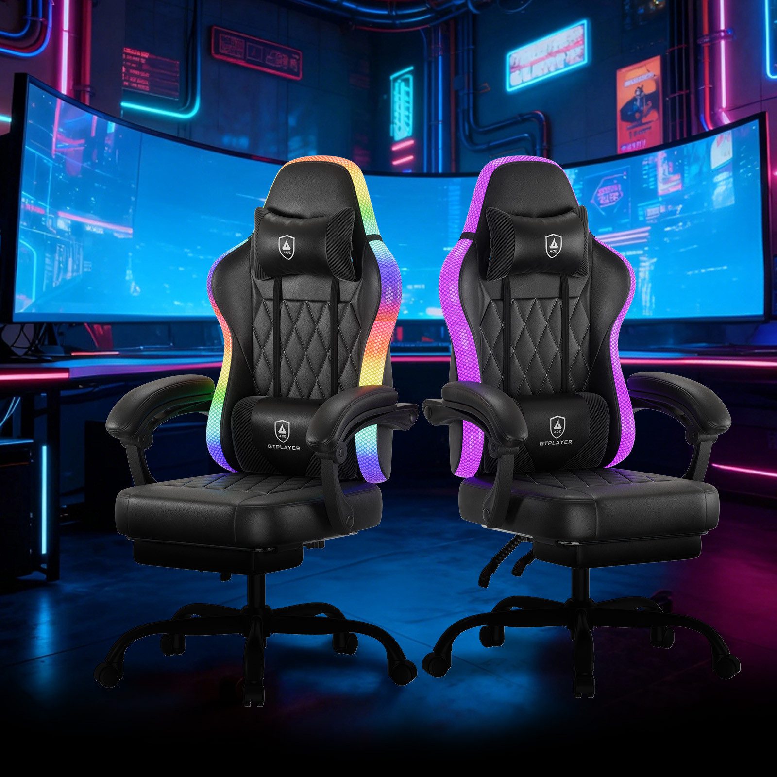 GTPLAYER Gaming-Stuhl Bürostuhl Gaming Chair mit LED Lichtleiste, Gamer Stuhl, Rückenlehne mit Aufbewahrungstasche PC Stuhl mit Fernbedienung