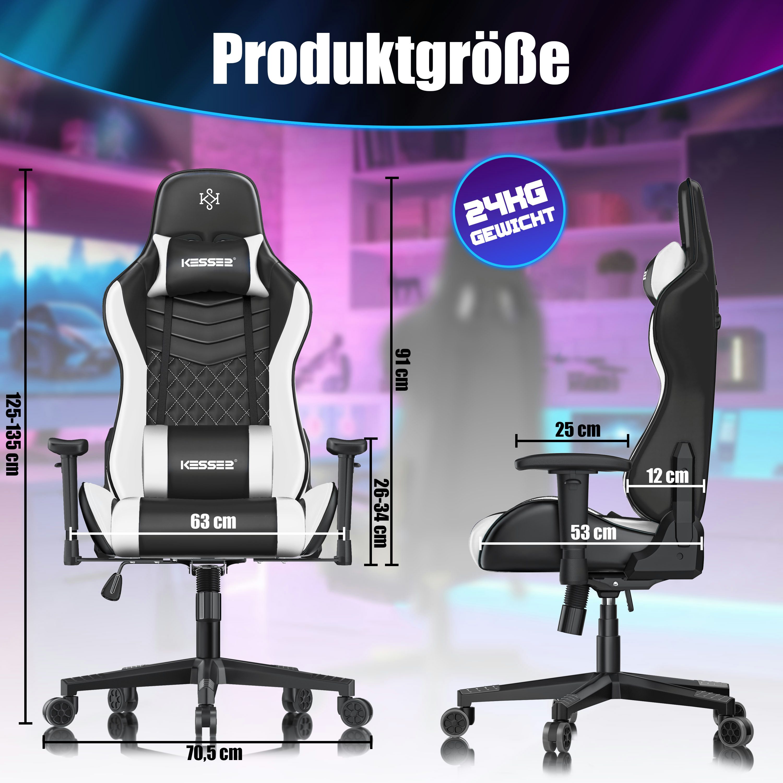 KESSER Gaming Chair, Ergonomisch Gamingstuhl 150kg belastbar Bürostuhl Lenden- & Kopfkissen